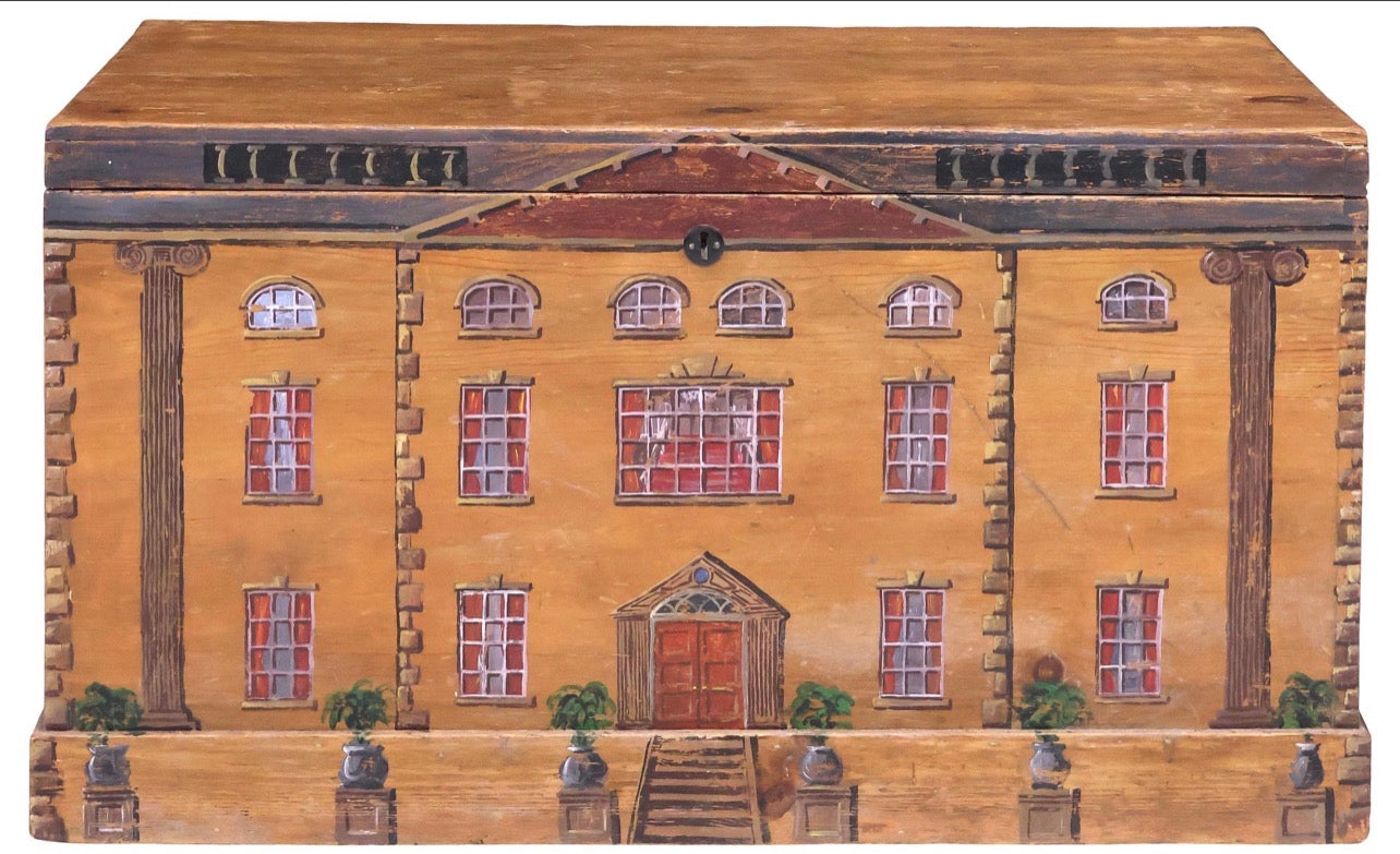 19th Century English Paint-Decorated Blanket Chest, Georgian Manor House Façade, Six Plants in Urns on Columns,  | Estate-Sourced English Folk Art