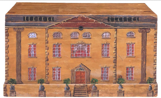 19th Century English Paint-Decorated Blanket Chest, Georgian Manor House Façade, Six Plants in Urns on Columns,  | Estate-Sourced English Folk Art