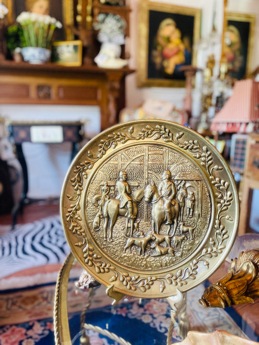 Vintage English Brass Embossed Charger – Fox Hunting Scene | Equestrian Decor