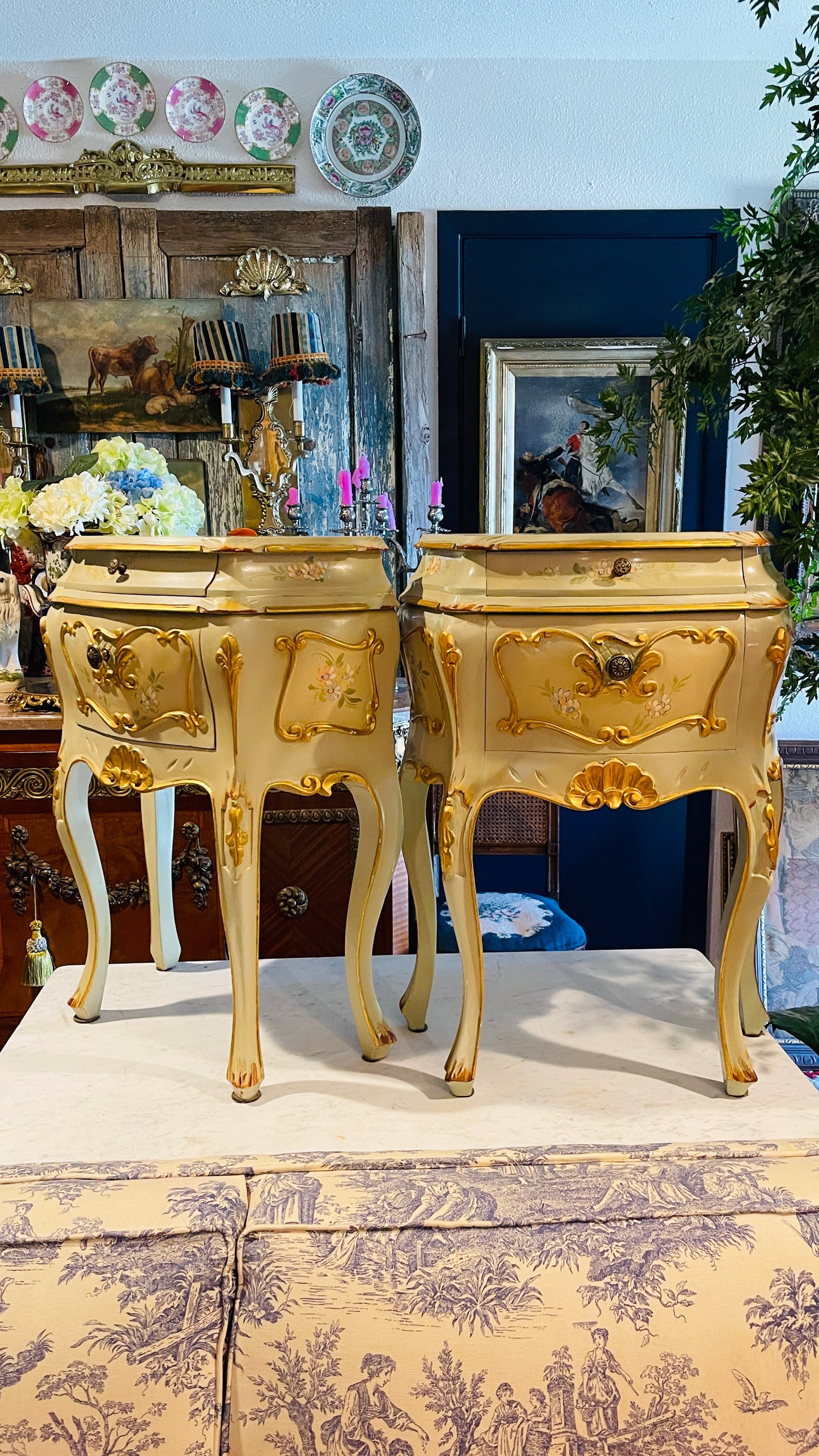 Vintage Pair of Louis XV Style Hand-Painted Bombe Bedside Cabinets | French Blue-Green Accent Chests