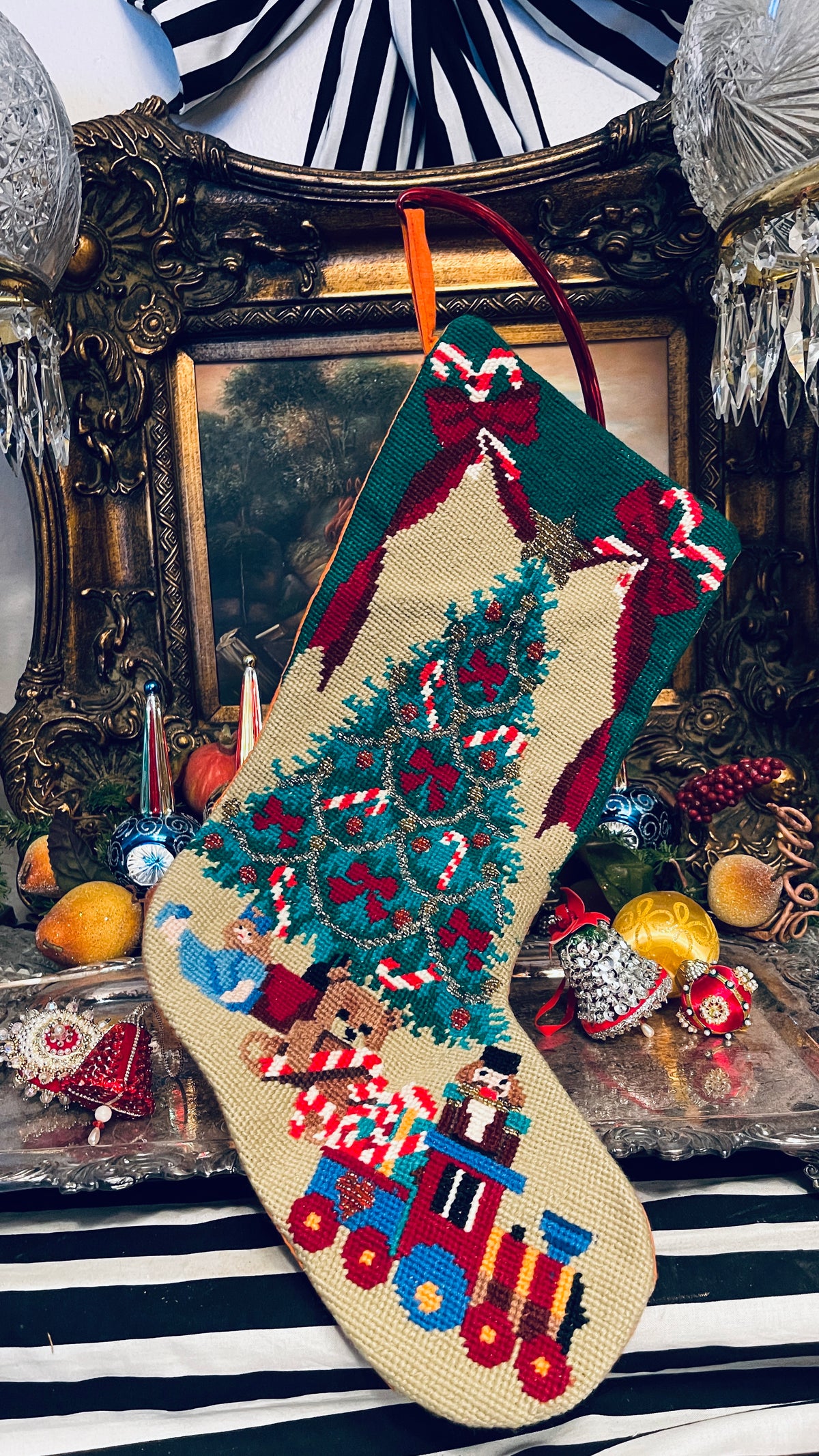 Vintage Beaded Needlepoint Christmas Stocking | Christmas Tree & Toys
