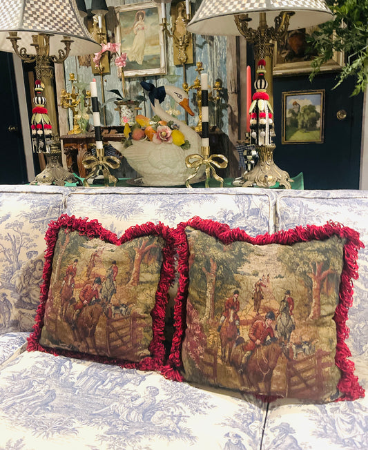 Vintage English Hunt Tapestry Pillows – Burgundy Fringed Elegance -OFFERED SEPARATELY-