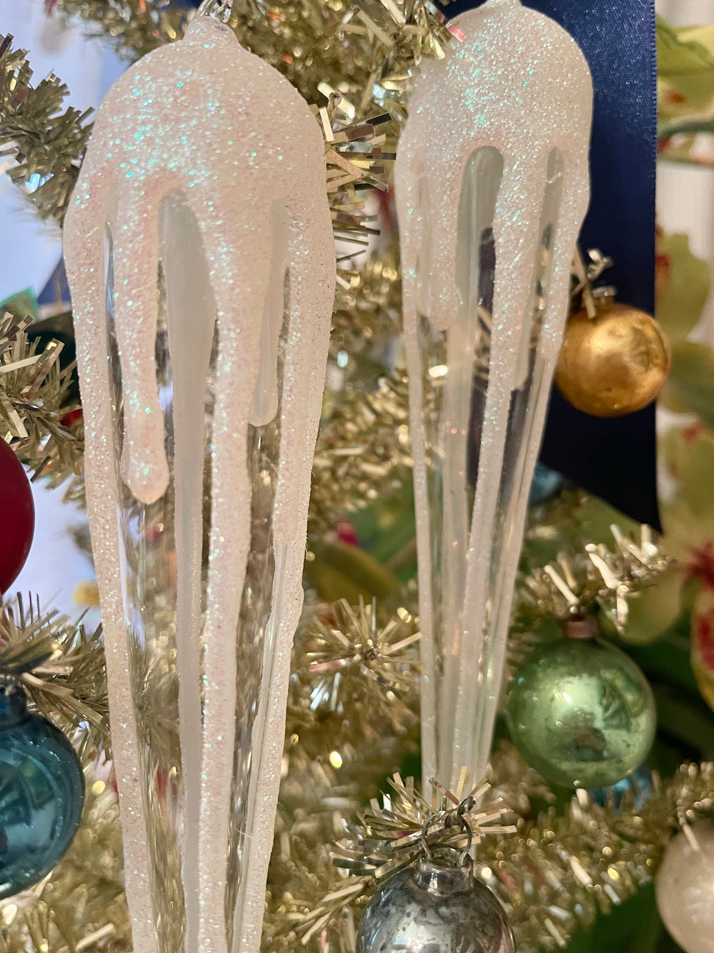 Glittery Snow Capped Glass Ice Cycle Ornament Pair, Vintage, Sold in Pairs