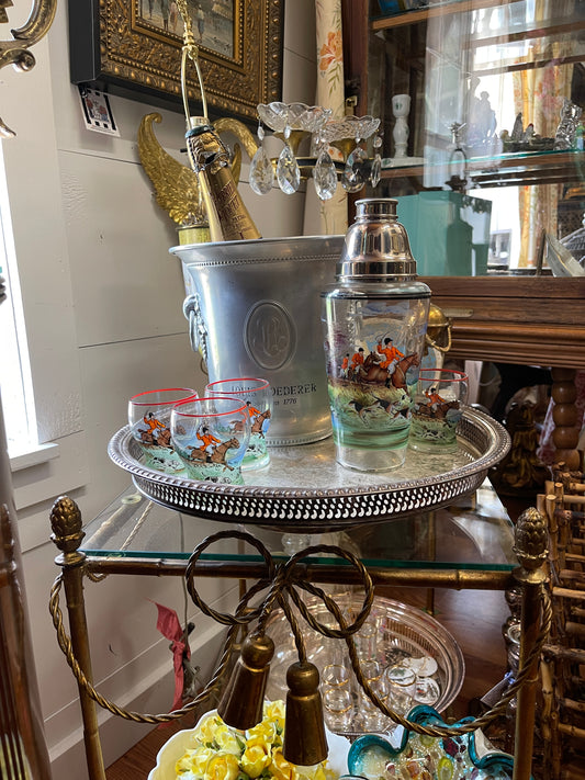 Vintage Equestrian Hunt Scene Cocktail Shaker Set with Glasses | Czech / Bohemian