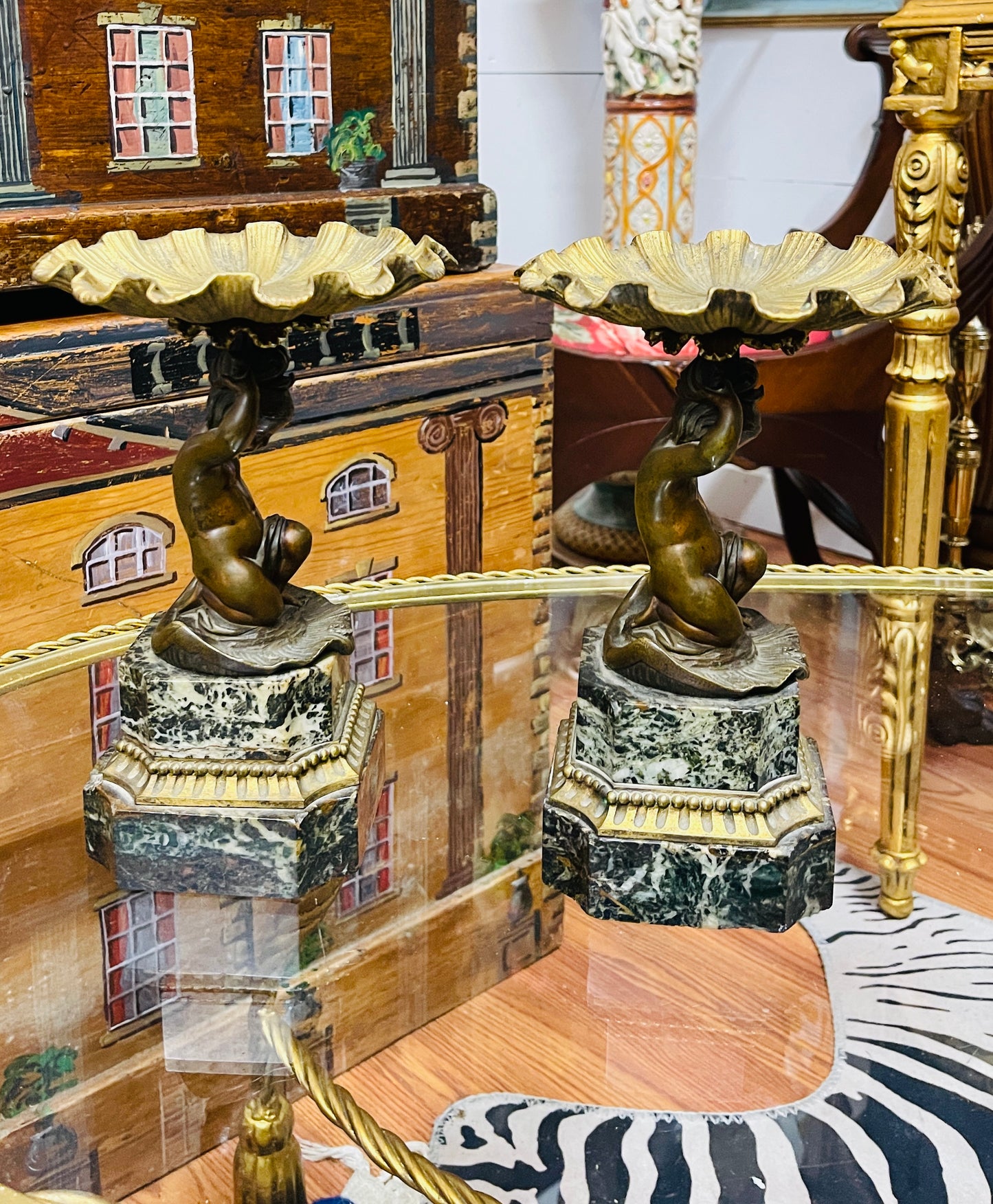 Antique Bronze & Marble Putti Tazzas — Pair, Estate Sourced Heirloom Decor