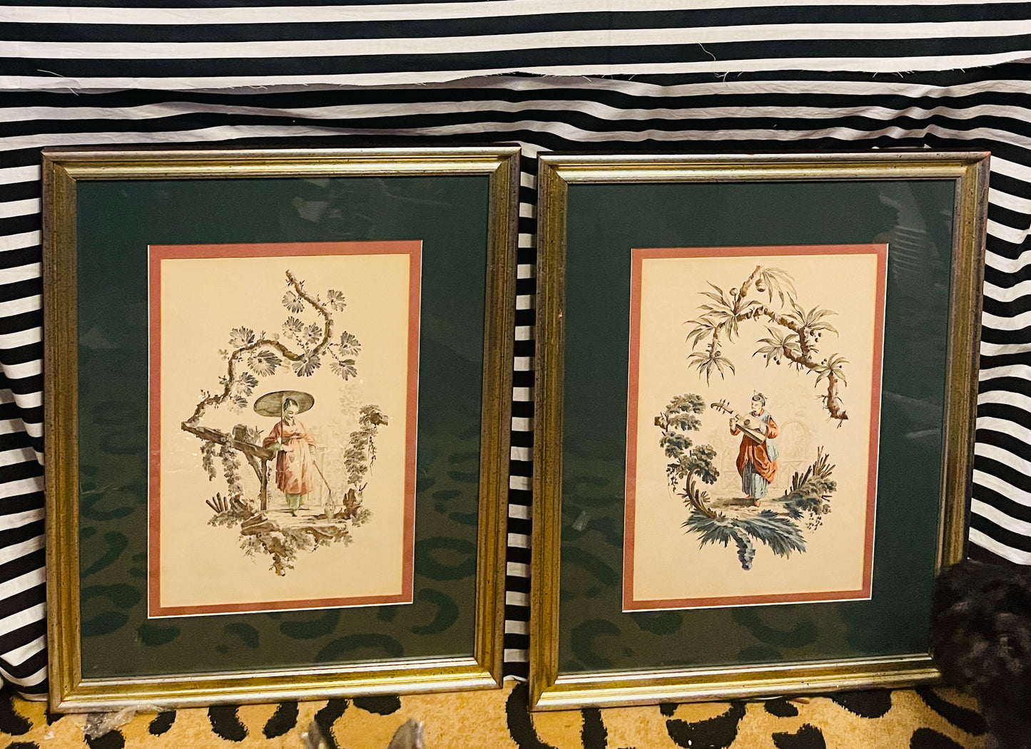 Chinoiserie Lithographs, Hand Colored, Custom Framed