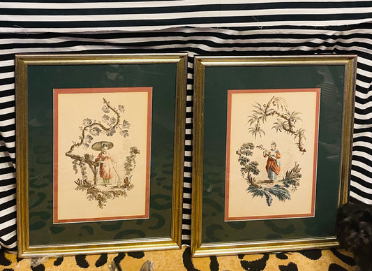 Chinoiserie Lithographs, Hand Colored, Custom Framed