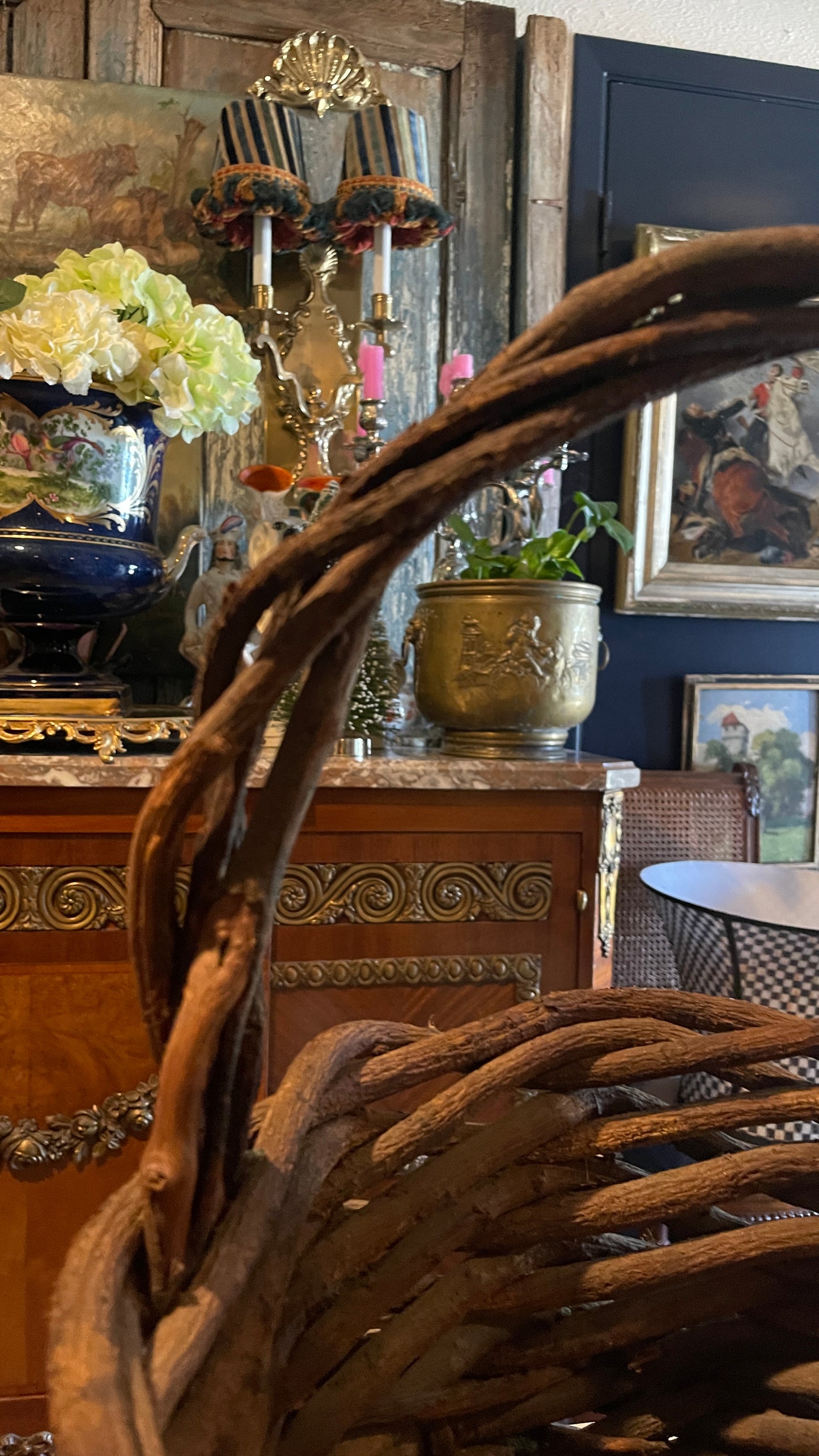 Large Vintage Hand-Woven Grapevine Gathering Basket | French Country Style