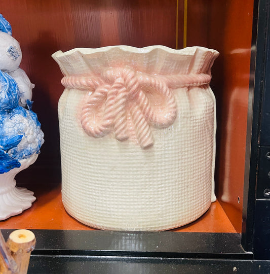 Pink Bow Cinched Ceramic Bag Cachepot