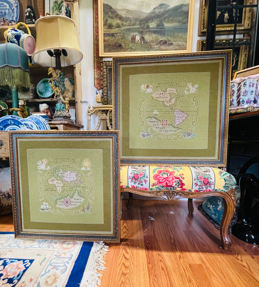 Vintage Framed Needlepoint Map of the Western Hemisphere