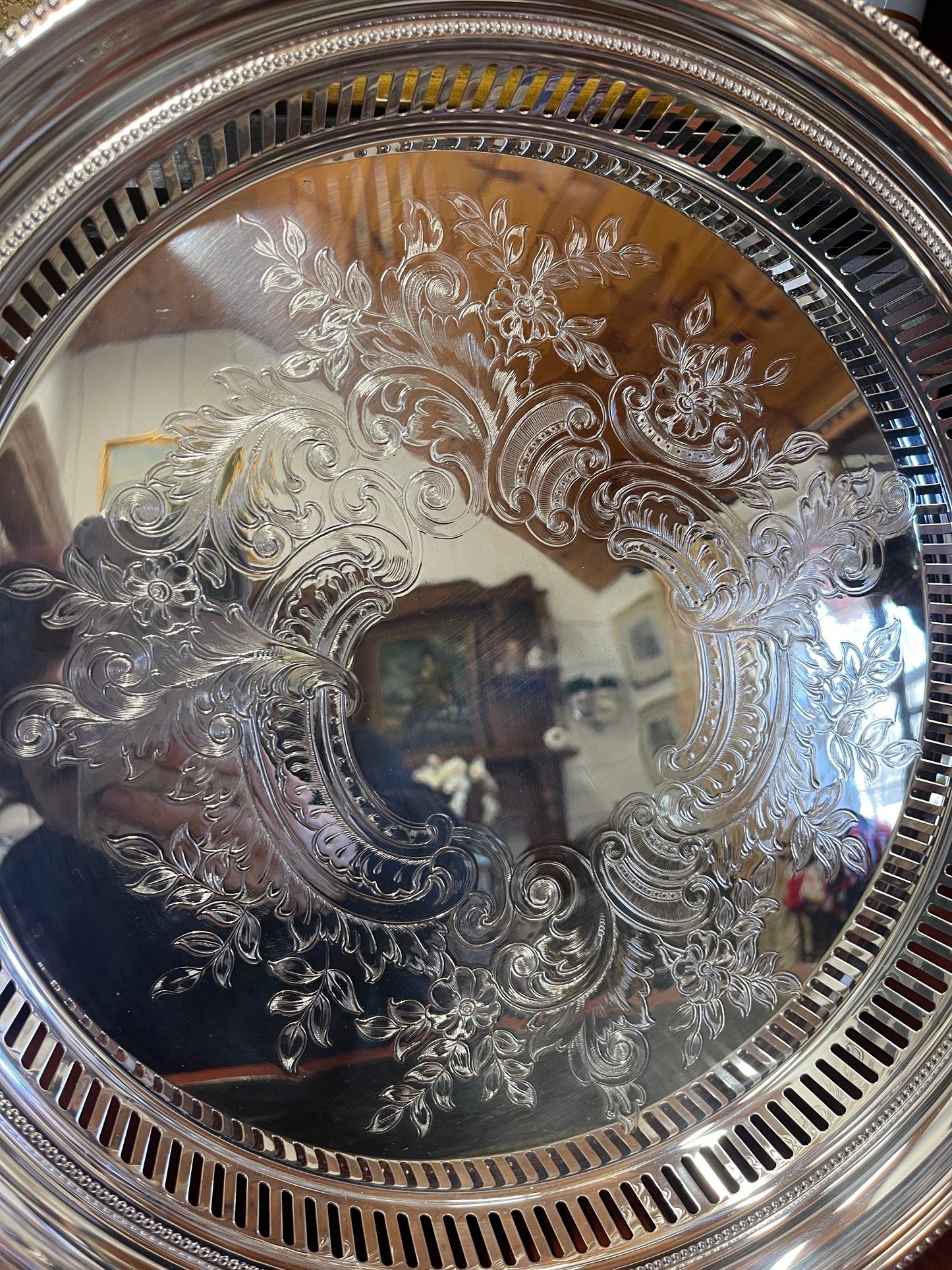 Vintage Towle Reticulated Round Gallery Tray, Baroque Silver Plate