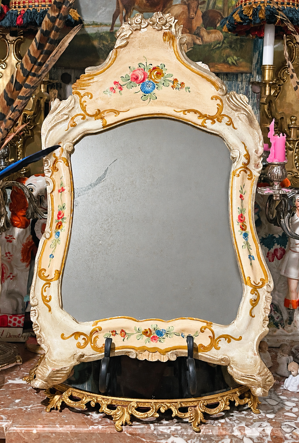 Antique Carved Wood Mirror with Hand-Painted Florals, Gilt & Silver Details