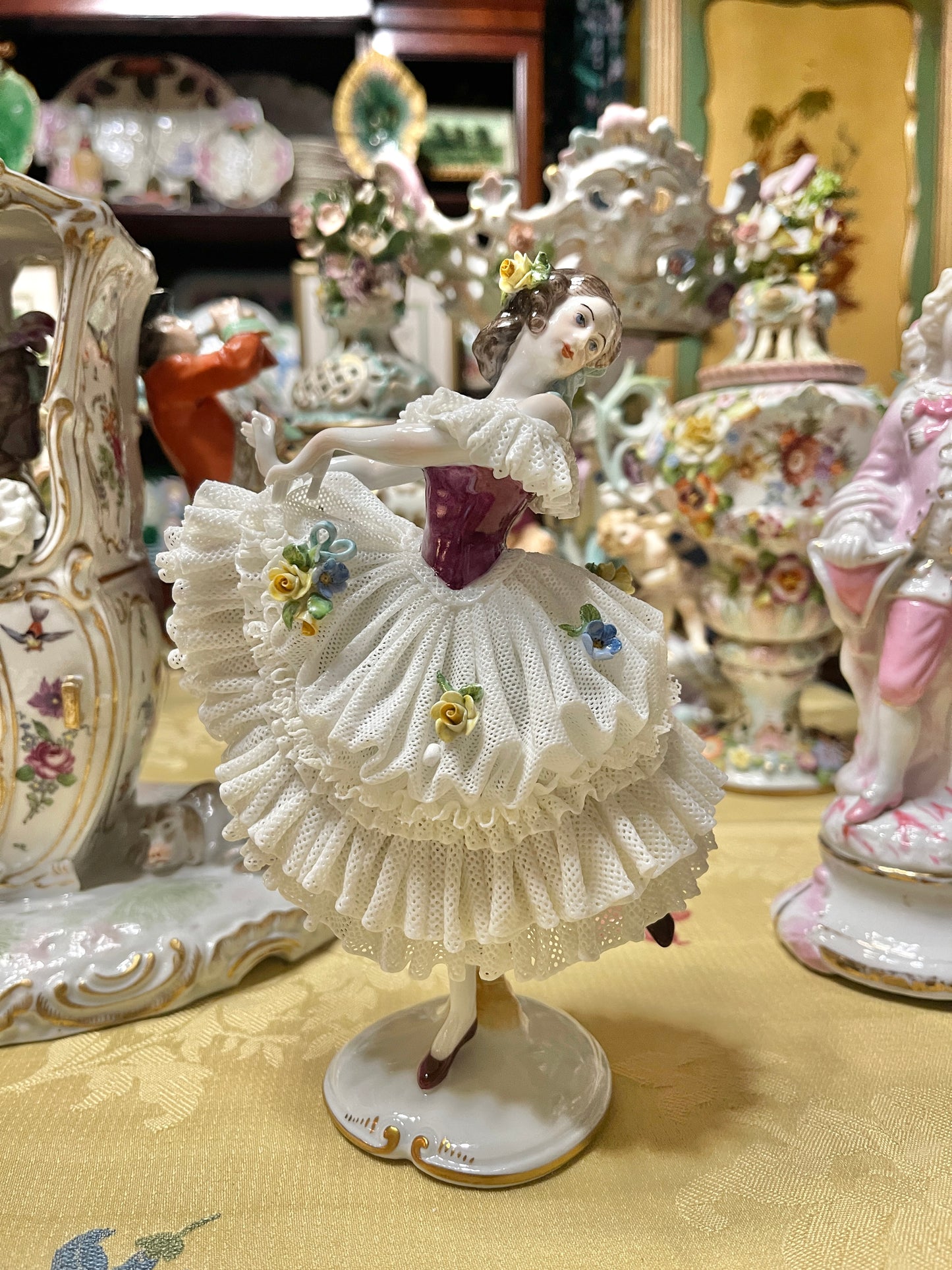 Vintage German Porcelain Lace Ballerina Figurine | Dresden Style Dancer with Applied Flowers