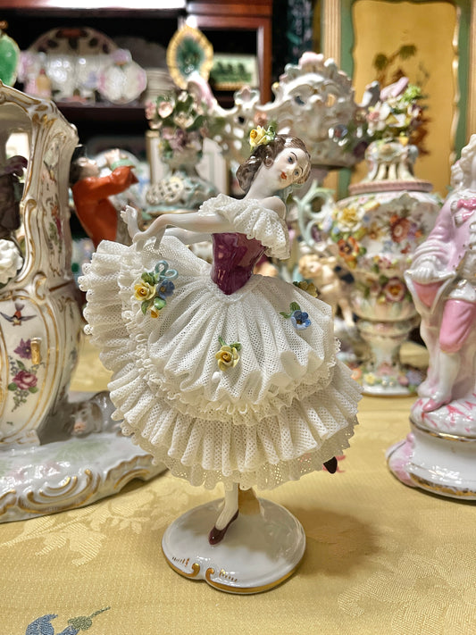 Vintage German Porcelain Lace Ballerina Figurine | Dresden Style Dancer with Applied Flowers
