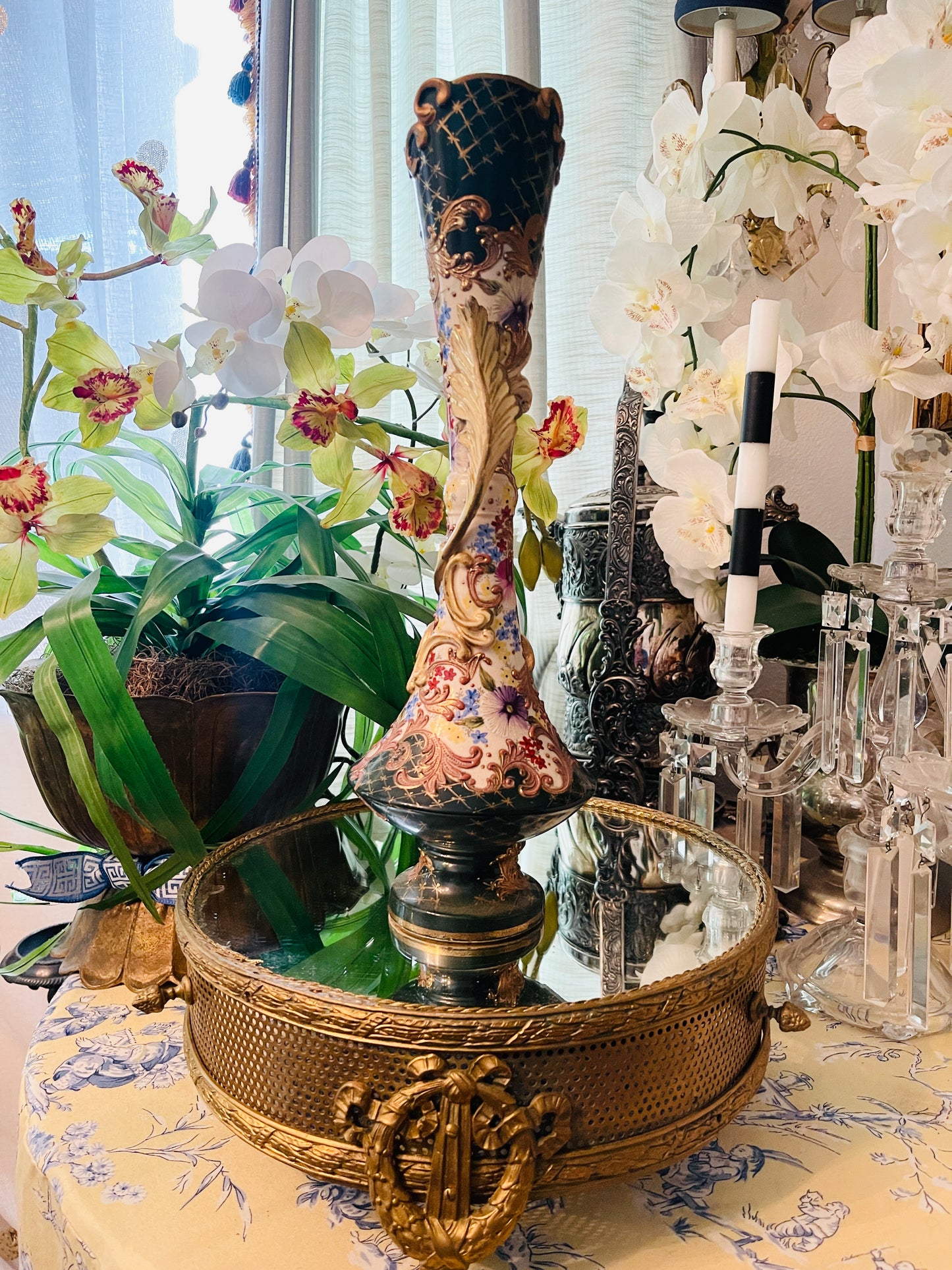 Antique French Hand-Painted Porcelain Vase with Gilt Accents & Rococo Flourishes