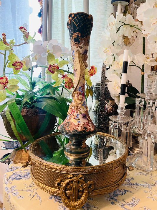 Antique French Hand-Painted Porcelain Vase with Gilt Accents & Rococo Flourishes