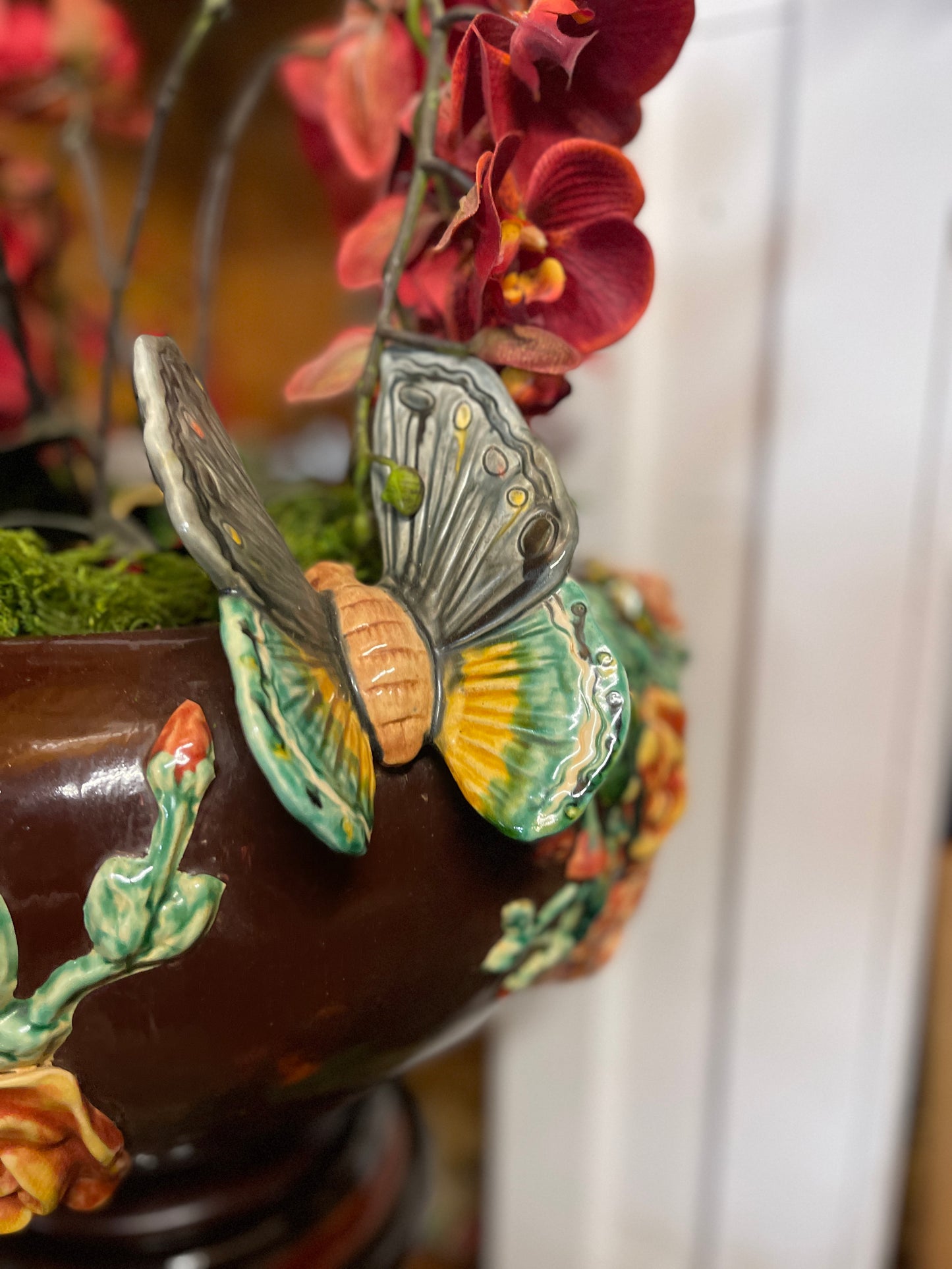 Monumental French Art Nouveau Majolica Jardinière on Heron Stand | Vallauris Style | Palm Beach Chic Coastal Garden Statement Piece