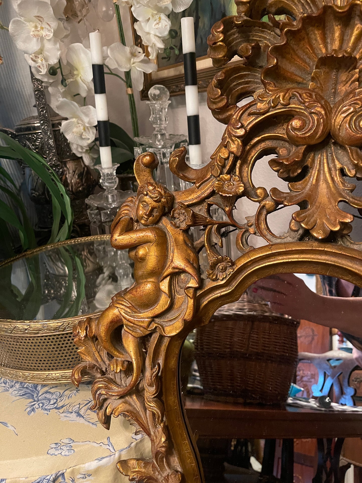 Monumental Neoclassical Rococo Giltwood Mirror with Figural Cornucopia Motifs