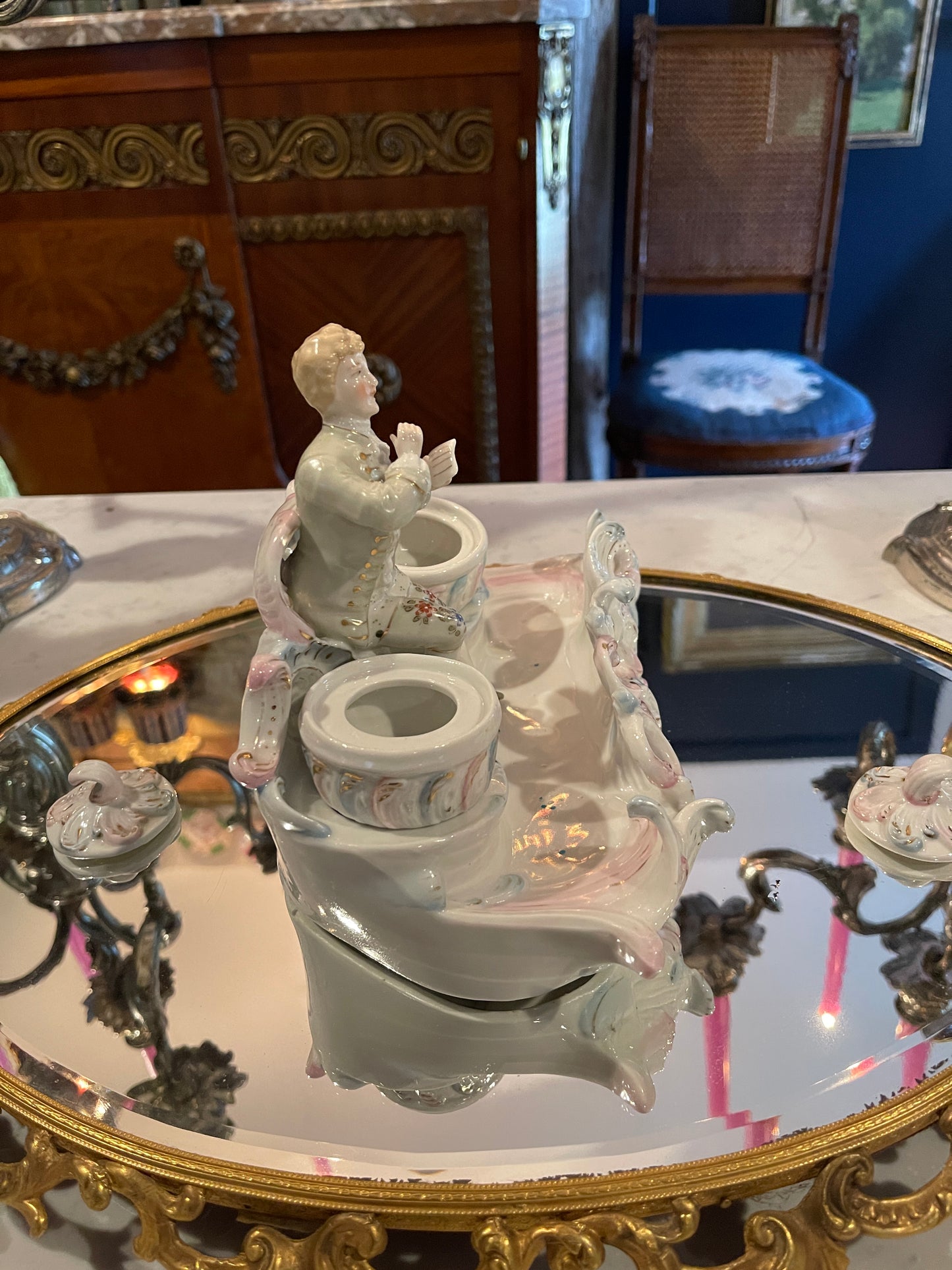 French Rococo-Style Porcelain Figural Inkwell with Lidded Inkwells