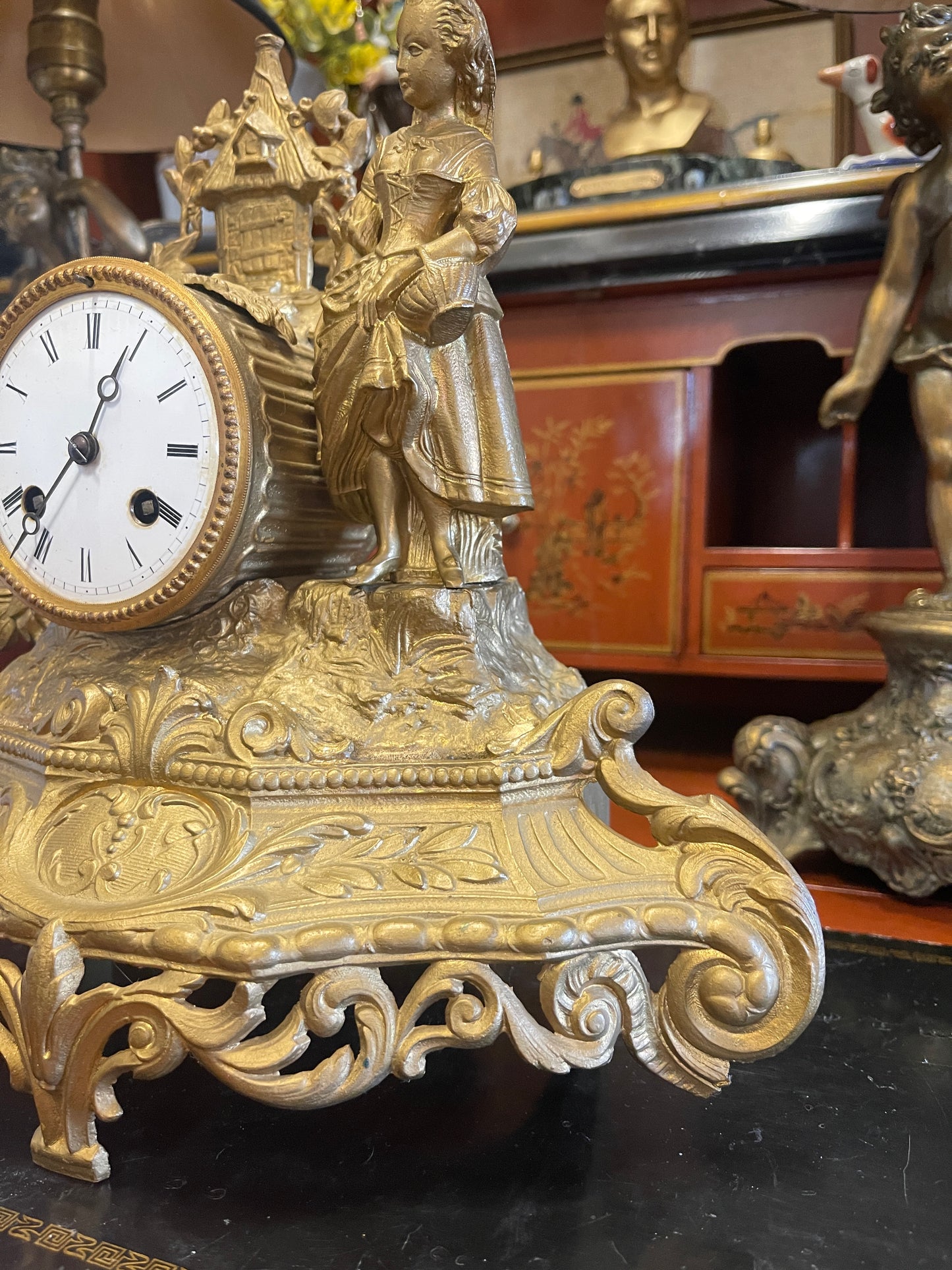 French Gilt Spelter Mantle Clock, 19th Century PH Mourey Figural Clock