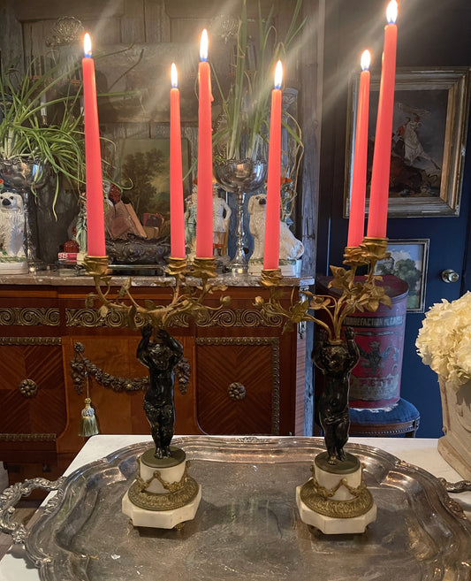 French Louis XVI Style Gilt & Patinated Bronze Putti Candelabra, 19th Century | Pair | Marble & Bronze
