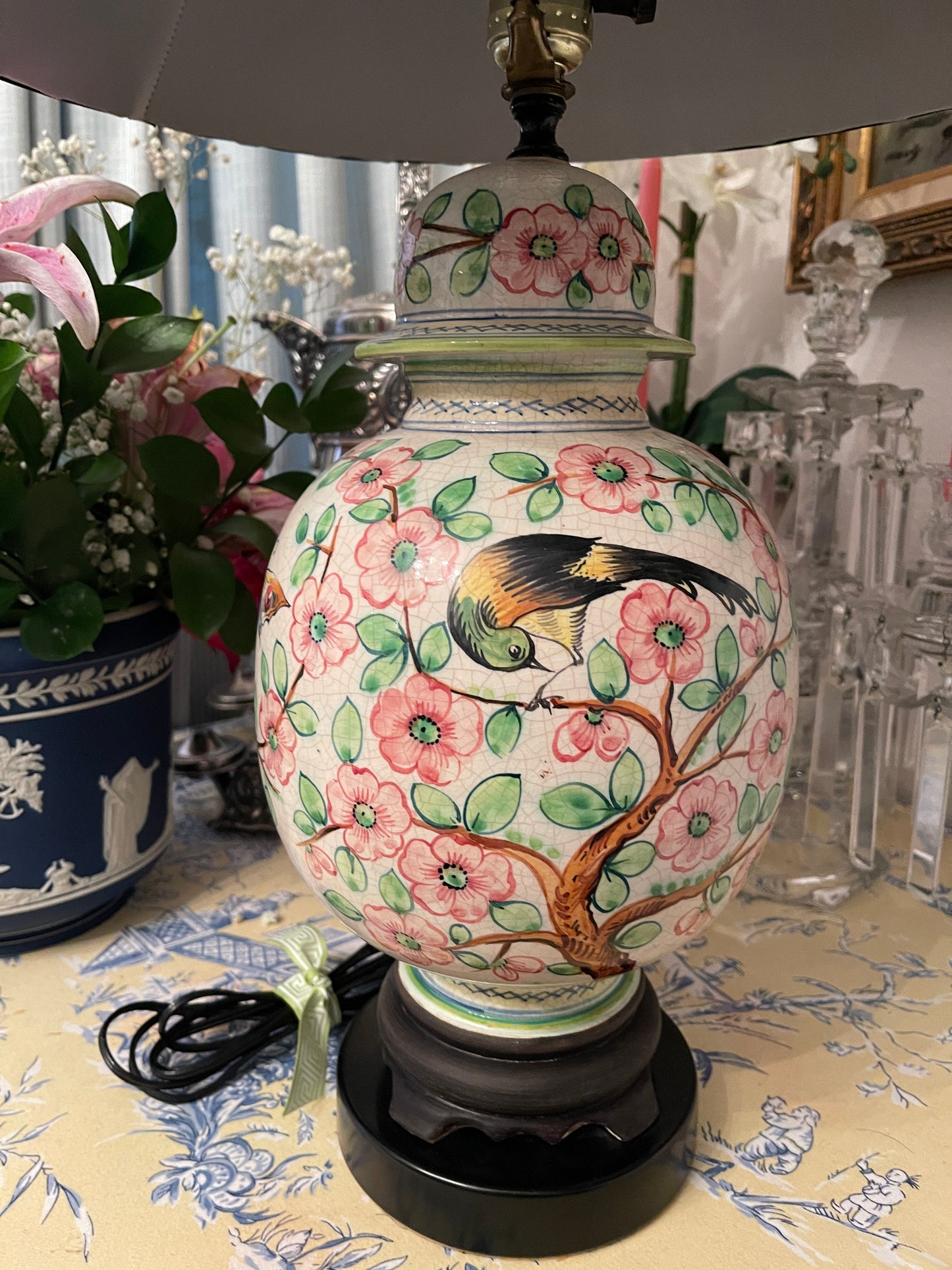 Chinoiserie Ginger Jar Lamp with Birds, Butterflies, and Pink and Green Flowers