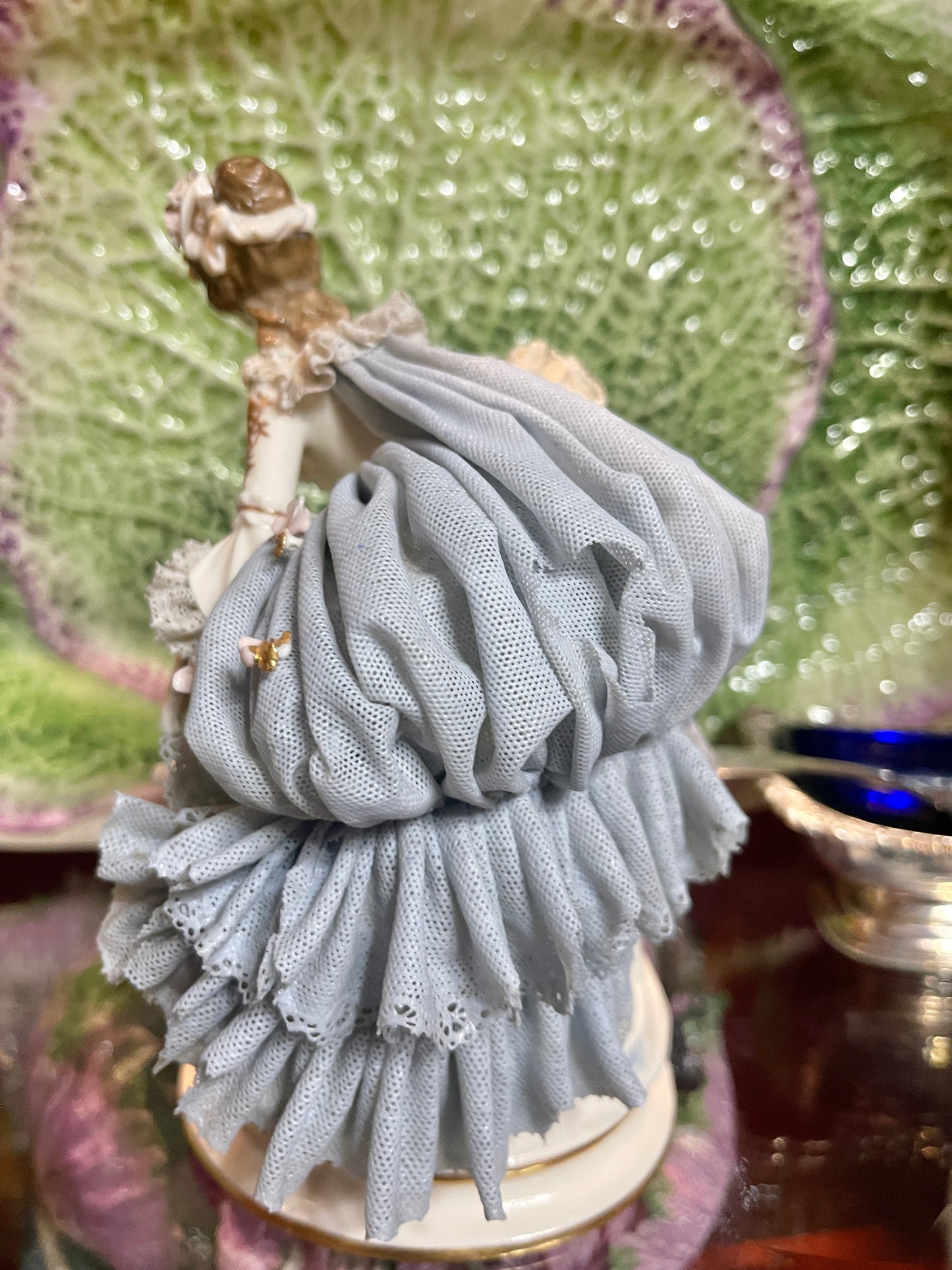 Vintage German Porcelain Dresden-Style Lace Lady Figurine | Volkstedt Style | Blue & White with Bows & Gilding