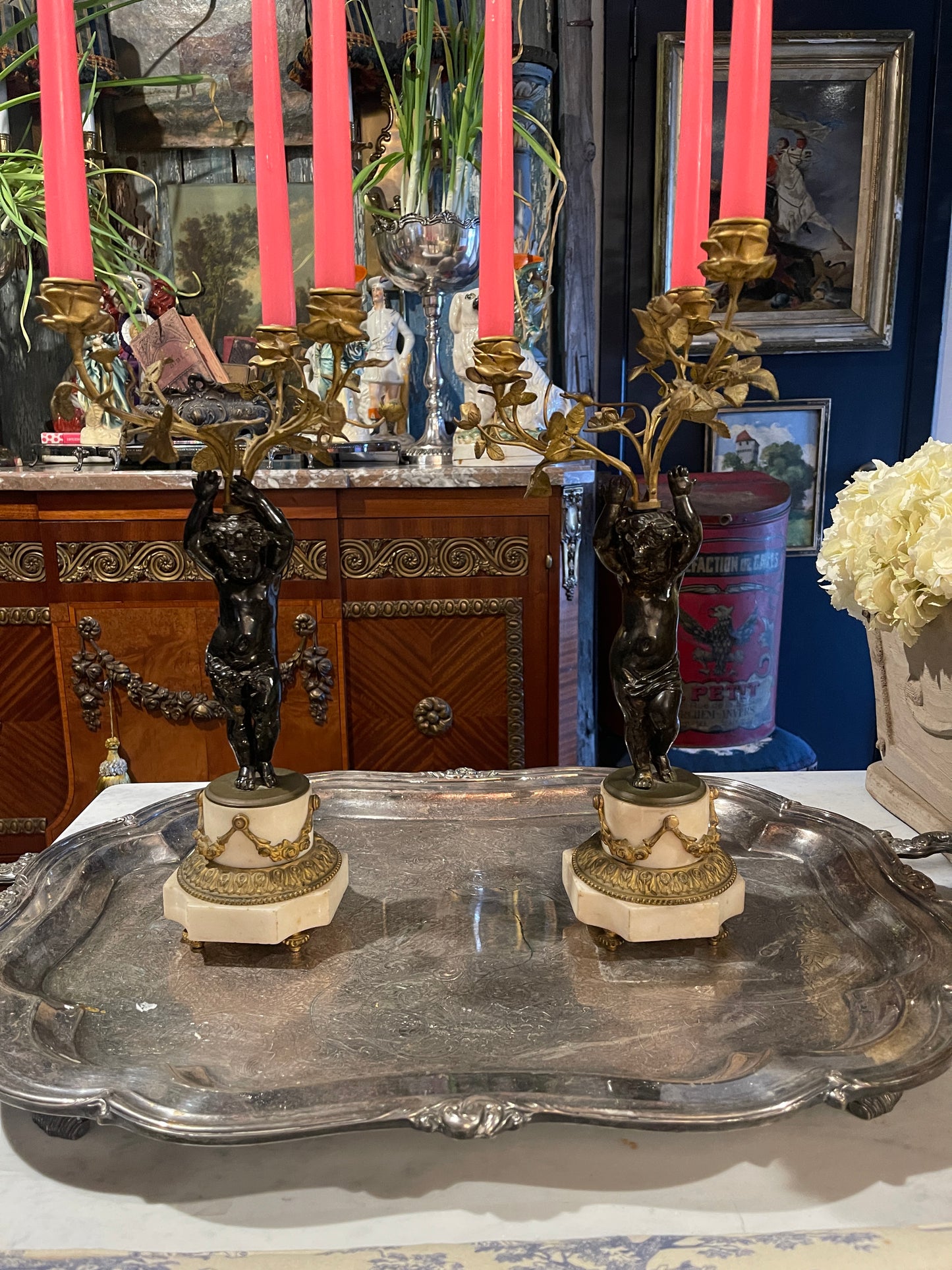 French Louis XVI Style Gilt & Patinated Bronze Putti Candelabra, 19th Century | Pair | Marble & Bronze