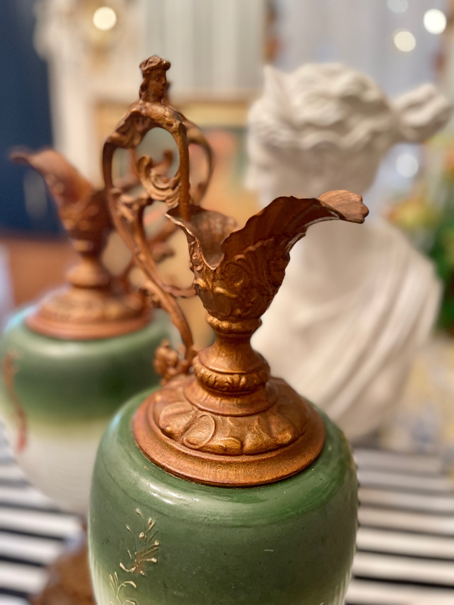 Antique Porcelain and Cast Metal Ewer Pitchers, Pair, Hand Painted