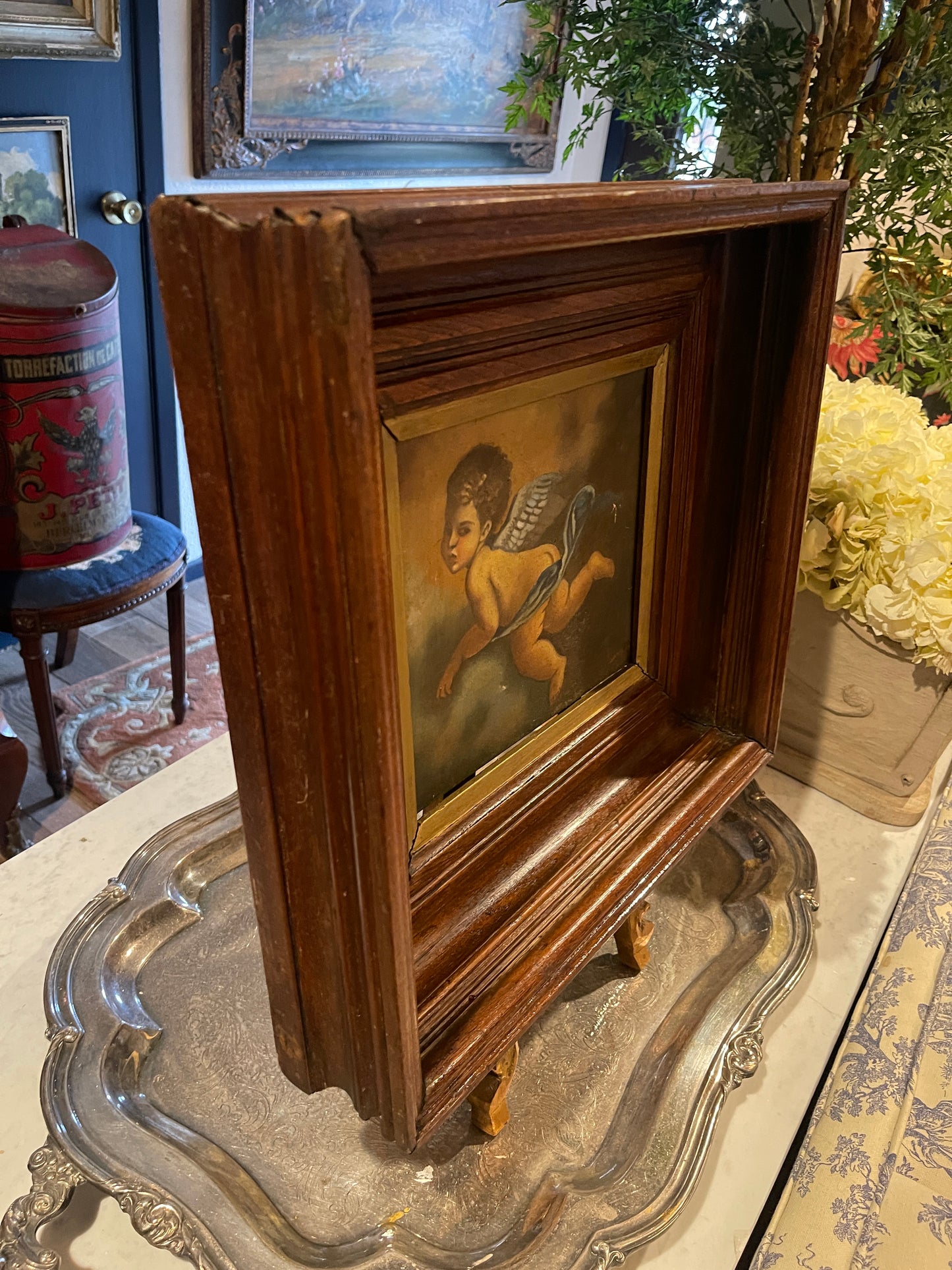 Antique Cherub Oil Painting, Late 19th–Early 20th Century | Old-World Putti Art in Deep Wood Frame
