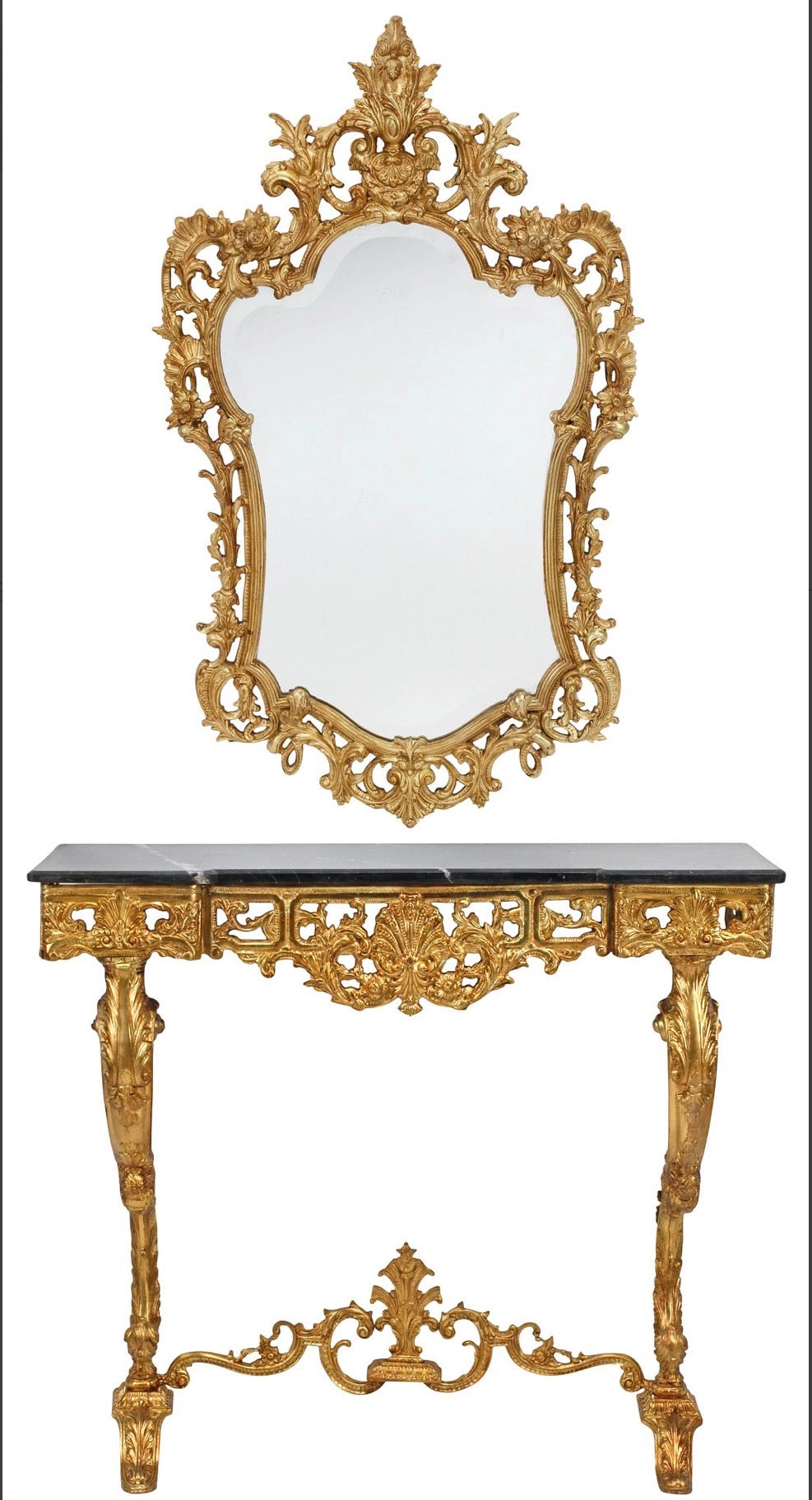 Antique Rococo Bronze Doré Console Table & Mirror with Marble Top