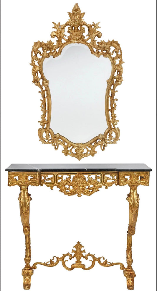Antique Rococo Bronze Doré Console Table & Mirror with Marble Top