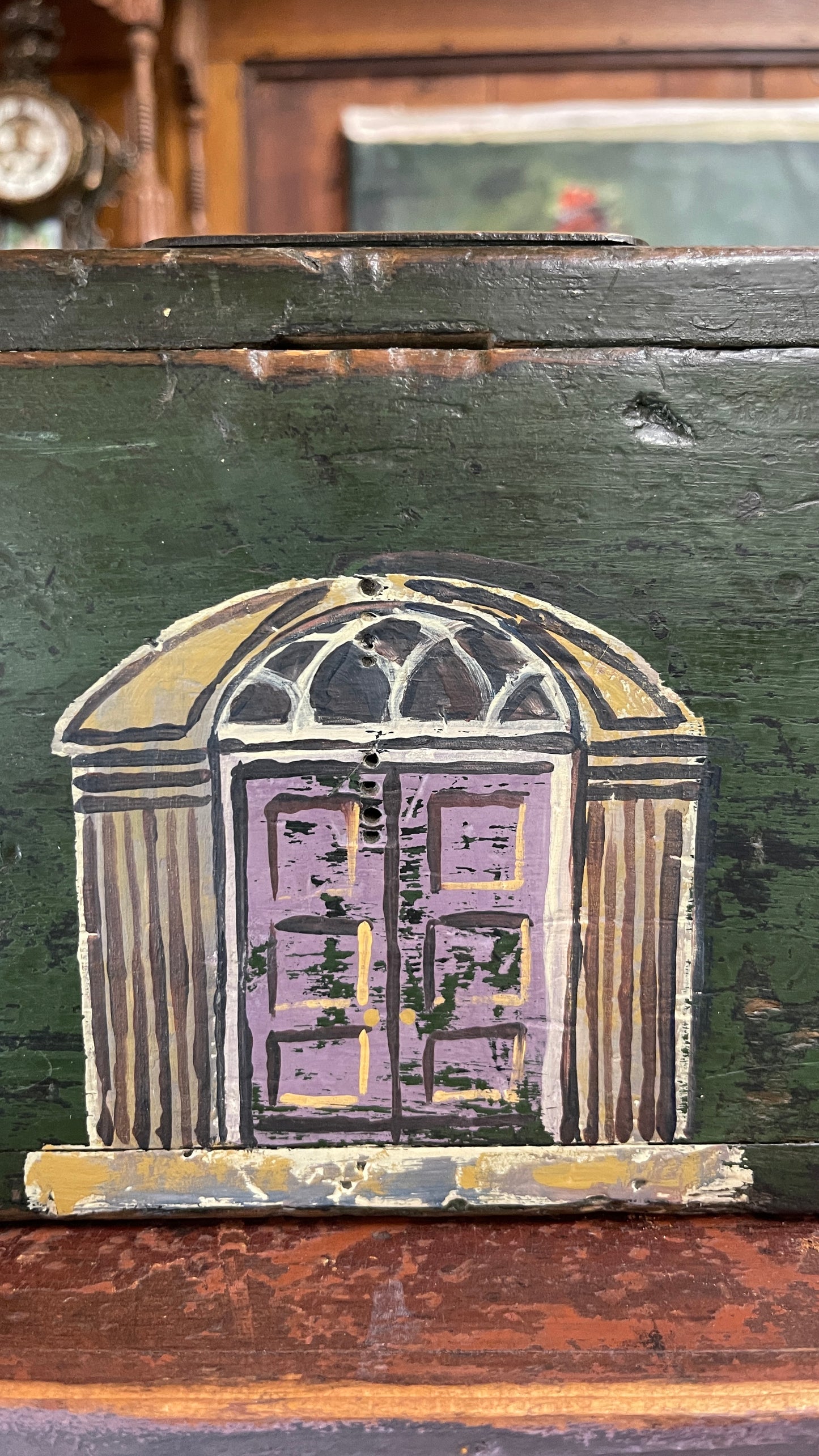English Georgian Country House Facade Box – Green with Arched Windows and Lilac Doors, 19th Century