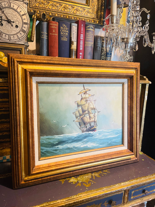 Vintage Clipper Ship Painting, Oil on Canvas, Artist Signed