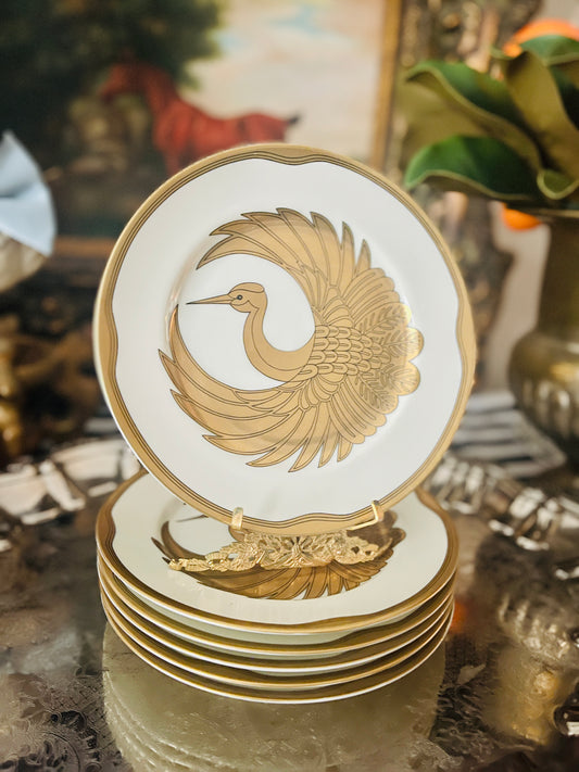 Golden Tsuru Fitz and Floyd Plates, Made in Japan, Golden Heron, Sold in Pairs 7.5”