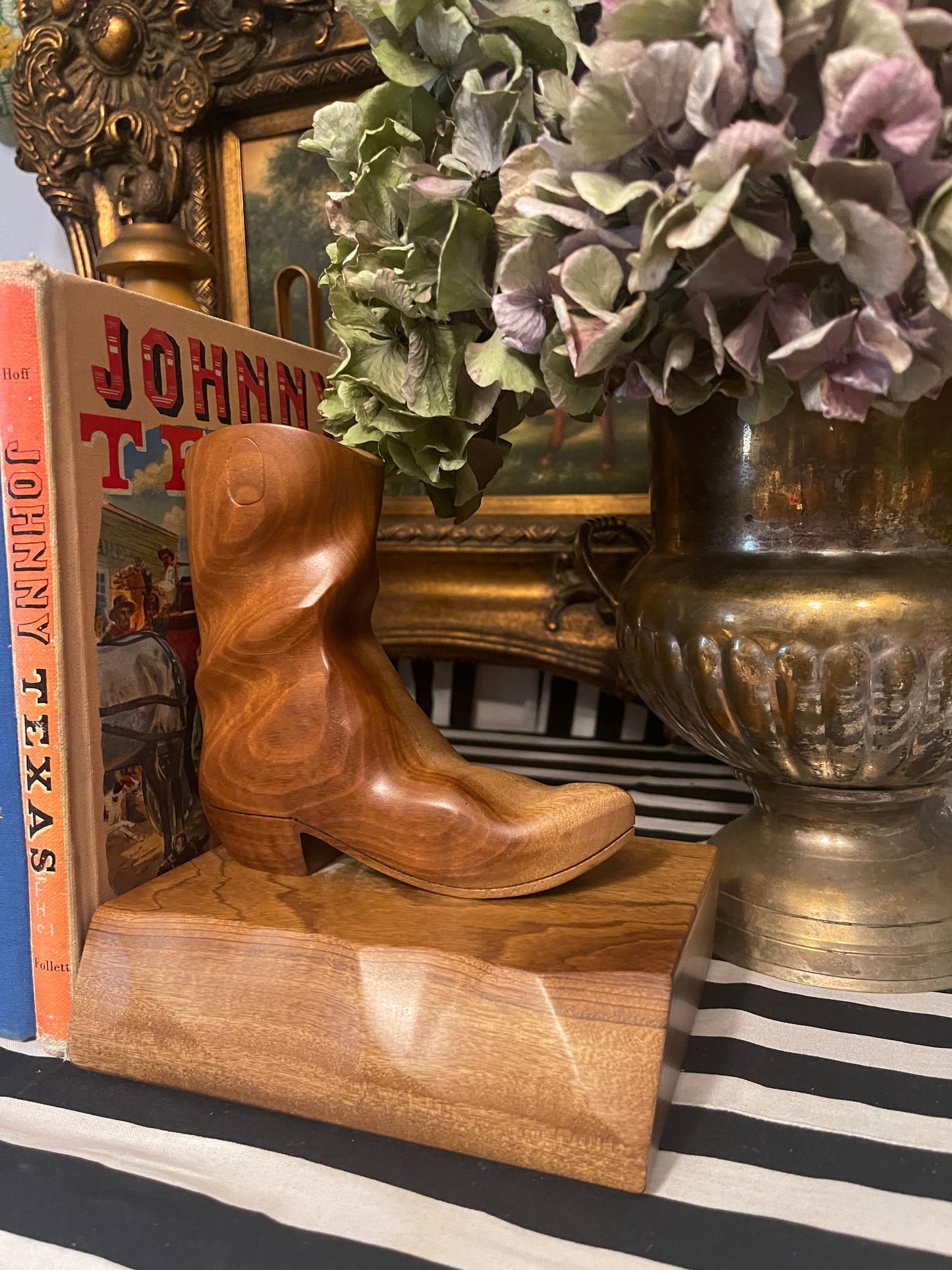 Vintage Carved Myrtlewood Cowboy Boot Bookends on Wood Base