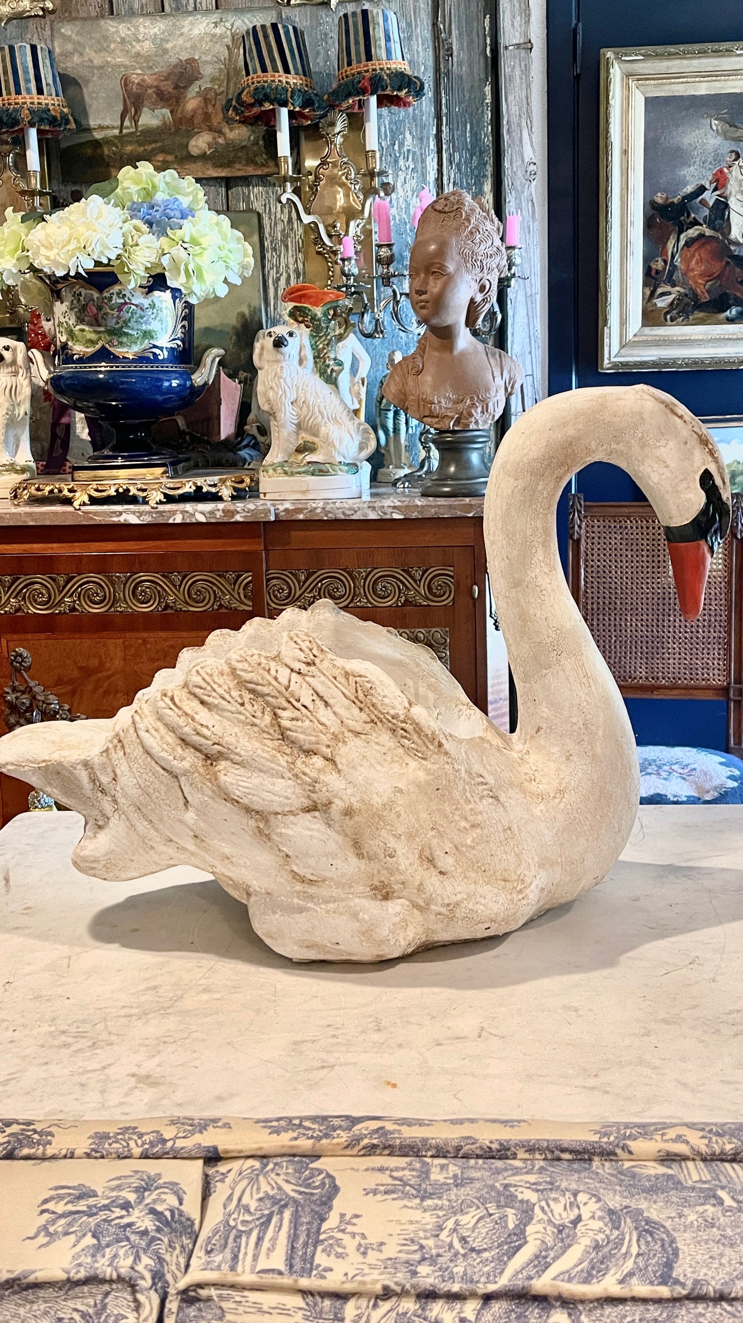 Vintage Estate Cement Swan Garden Sculpture | Weathered Planter | English Garden Style