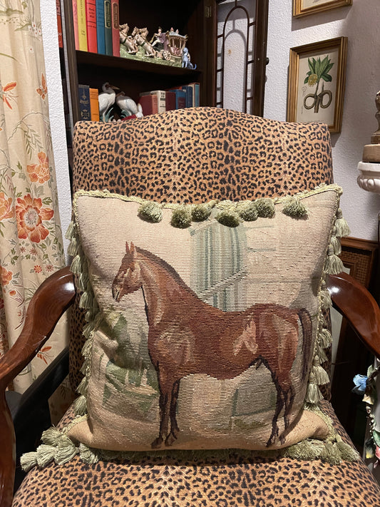 Lovely Antique-Style Handwoven Aubusson Pillow with Horse Motif & Tassel Trim