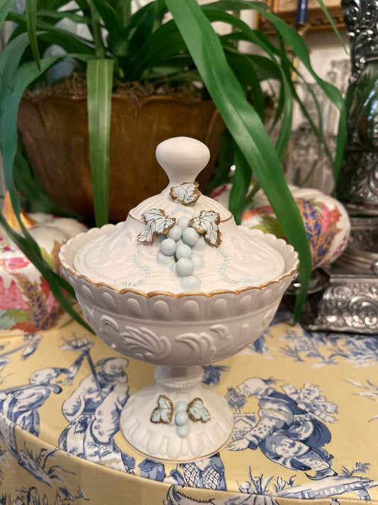 Lefton China Porcelain Lidded Compote with Grapes and Leaves, Blue and White