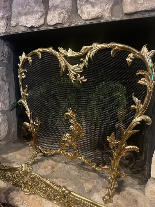 French Rococo Louis XV Style Ormolu Fireplace Screen, Lovely Ornate Detail, Vintage Estate Decor