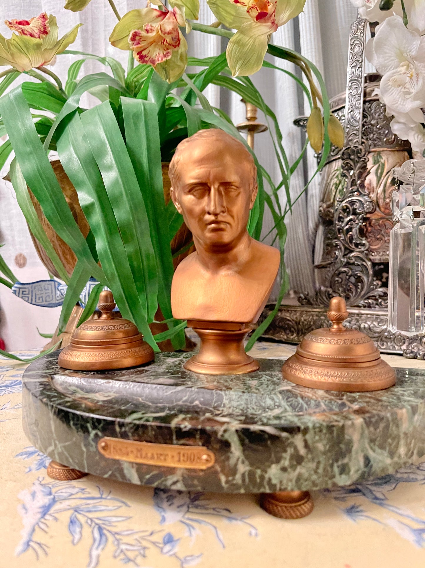 Antique Bronze and Marble Ink Well with Emporer Napoleon Bonaparte Bust, FANTASTIC!