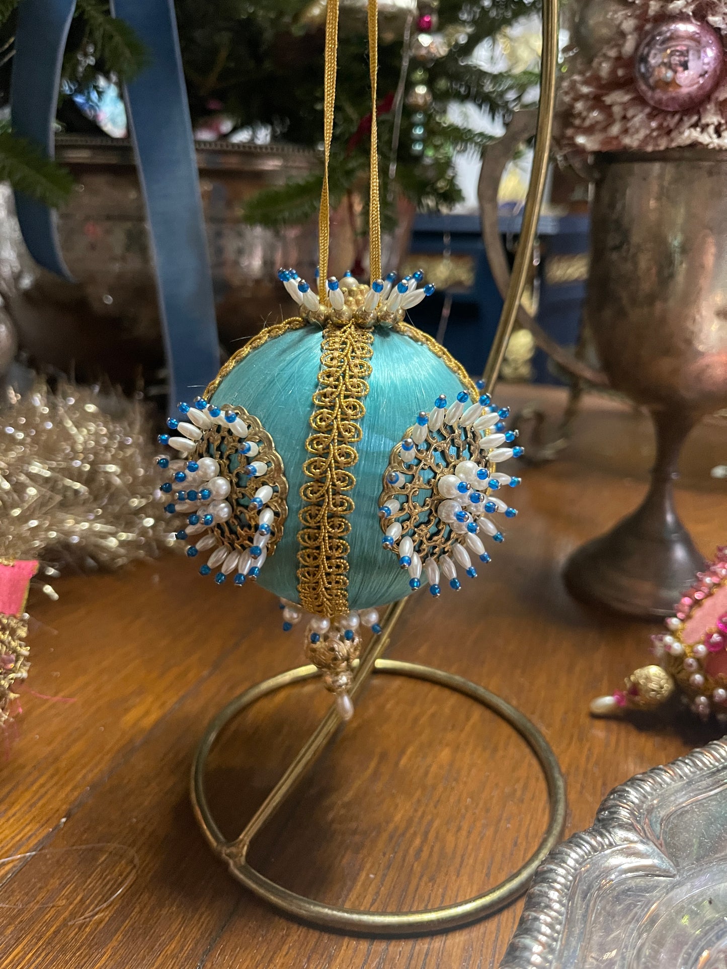 Blue and Gold Vintage Push Pin Christmas Ornament