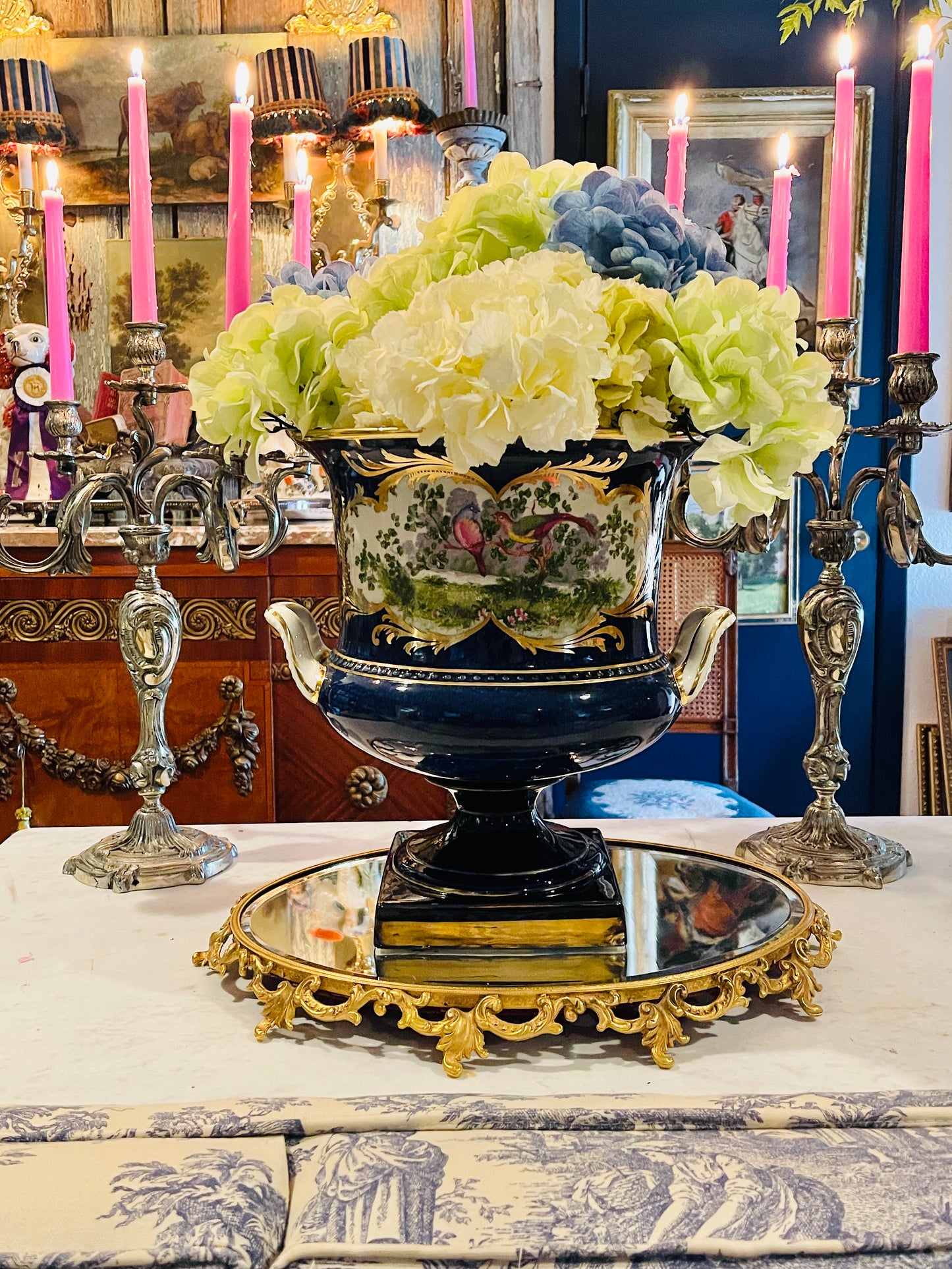 Large French-Style Cobalt Porcelain Urn Cachepot with Hand-Painted Birds