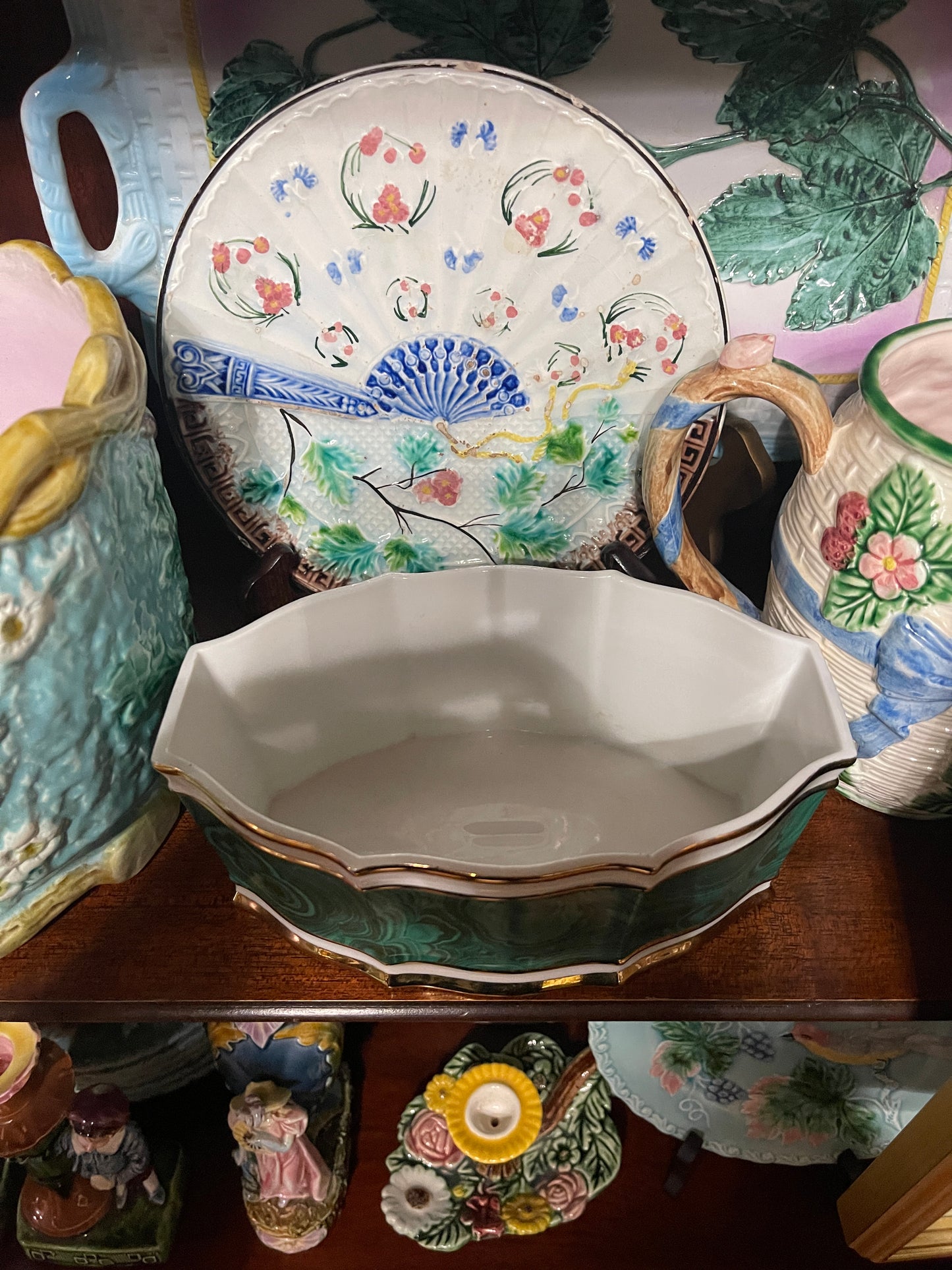 Vintage Green Malachite-Style Jardinière Planter | Gold Trim Cachepot