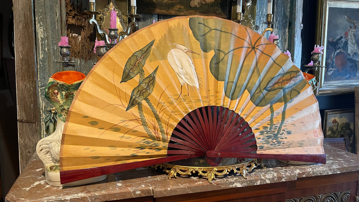Vintage Chinoiserie Paper Wall Fan with White Egret & Botanical Design | 37” Wide
