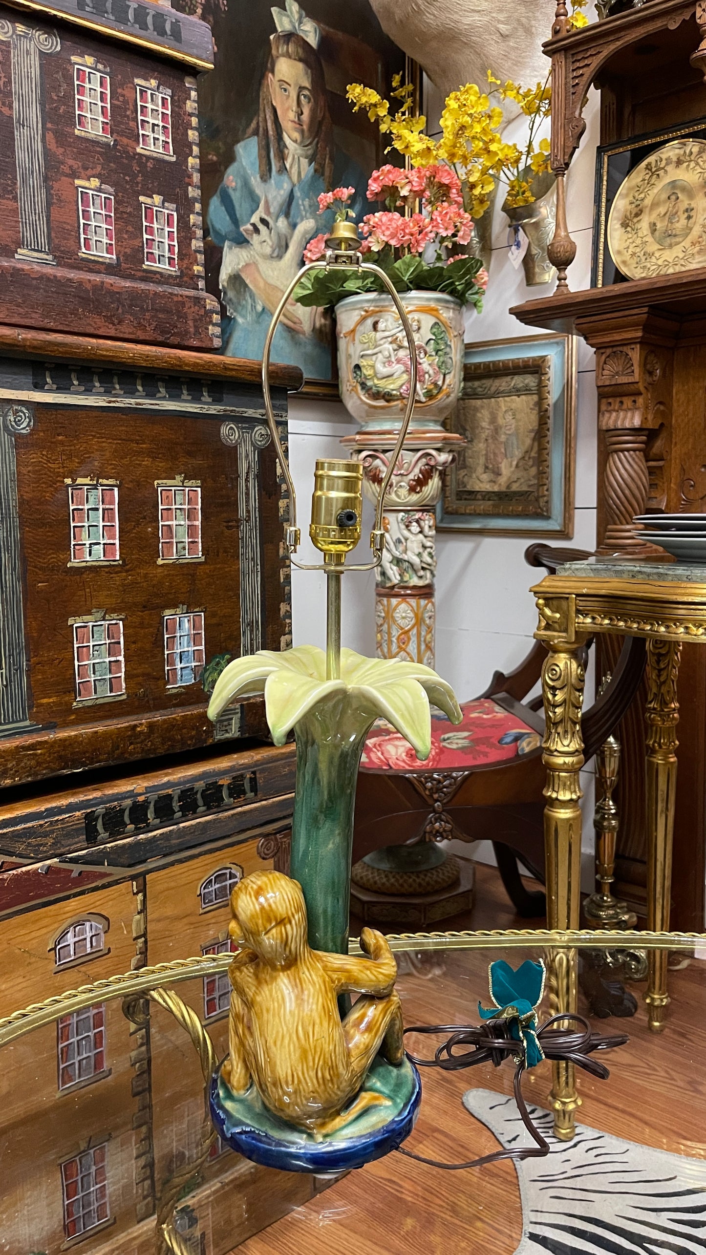 Vintage Majolica-Style Monkey Lamp