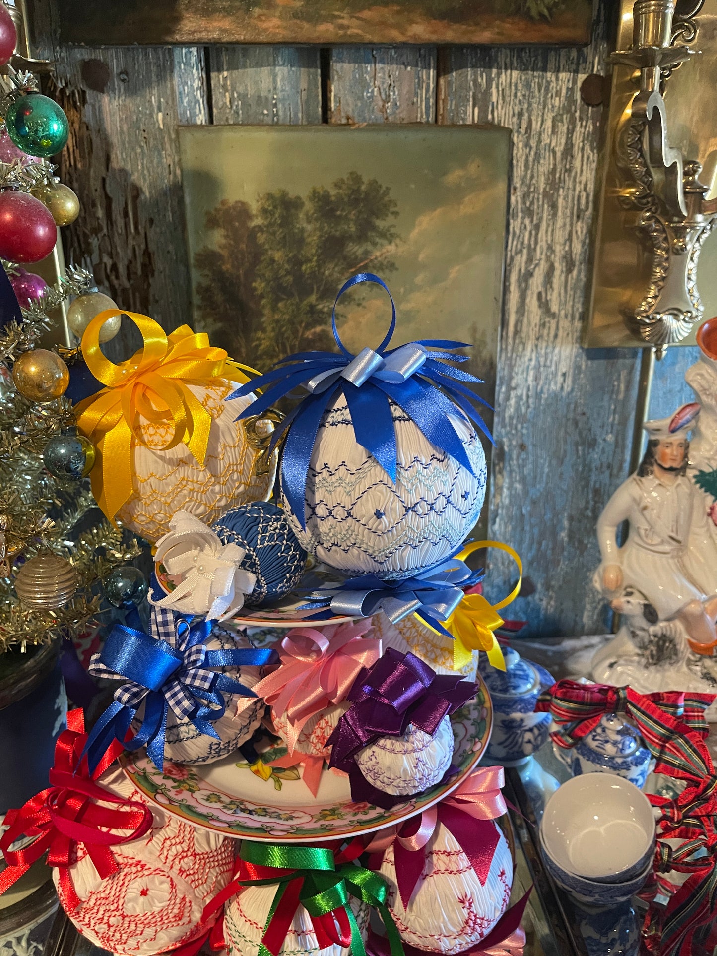 2” Blue and White Vintage Smocked Christmas Ornament