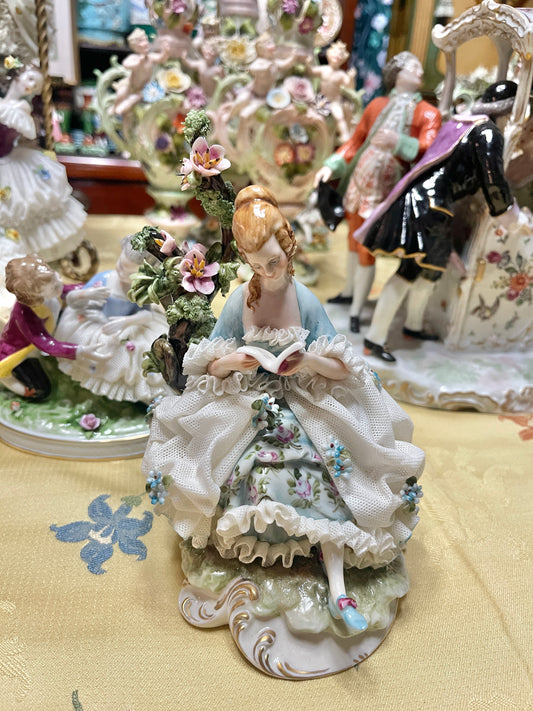 German Porcelain Dresden-Style Figurine | Vintage European Porcelain 
Girl with Book