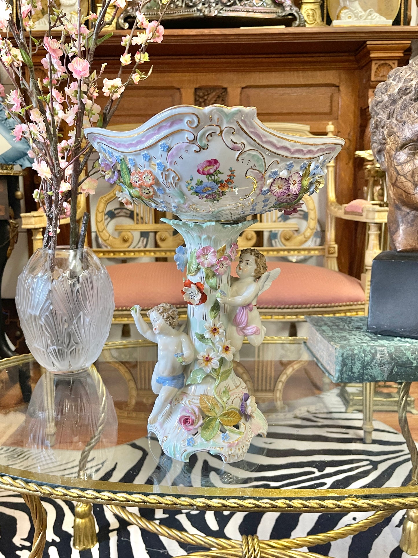 Antique Dresden Sitzendorf Figural Compote | 14” Rococo Cherub Centerpiece with Applied Flowers | c. 1900