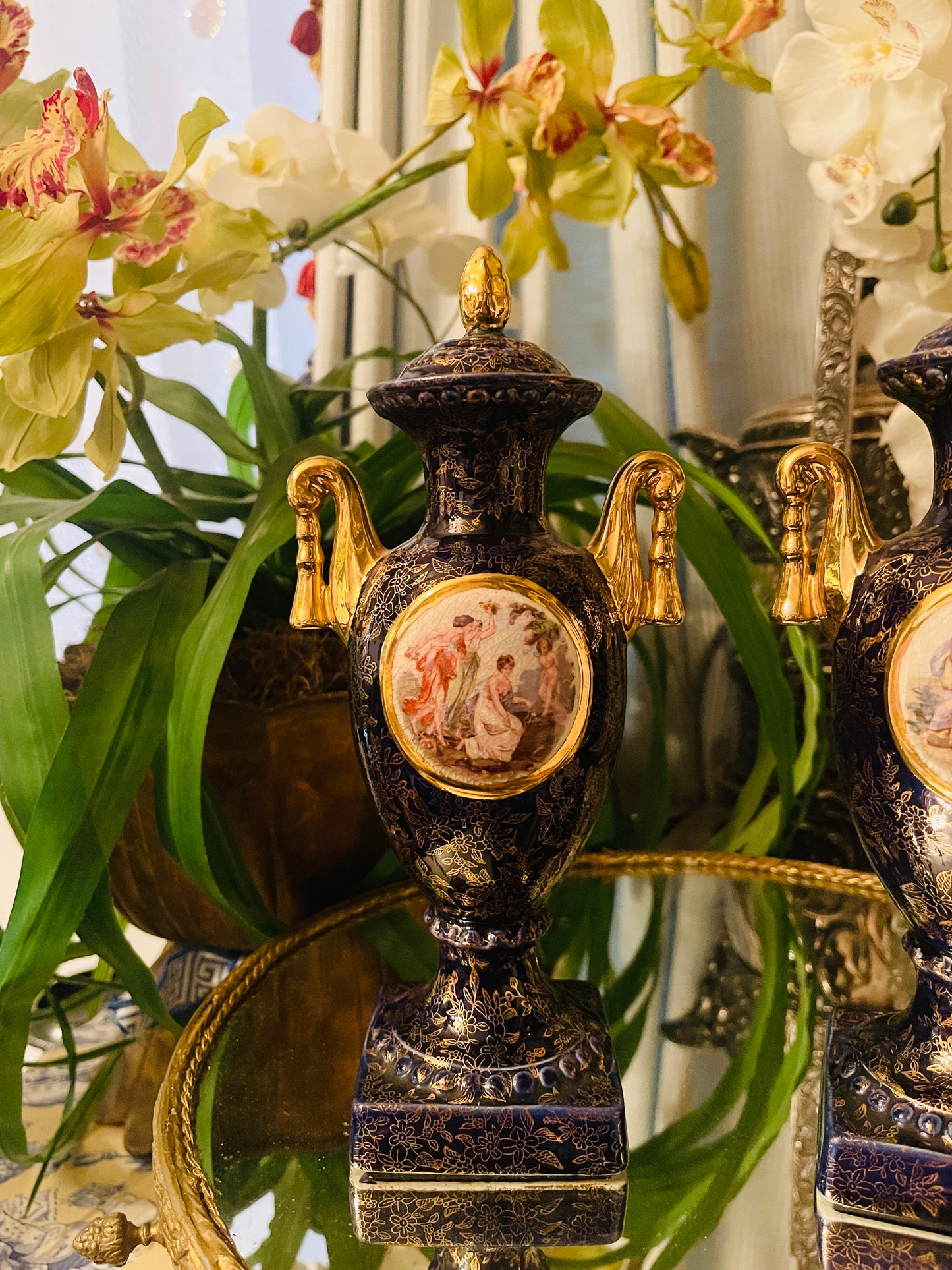 Vintage English Empire Ware Porcelain Urns – Neoclassical Gilt Transferware, Made in England